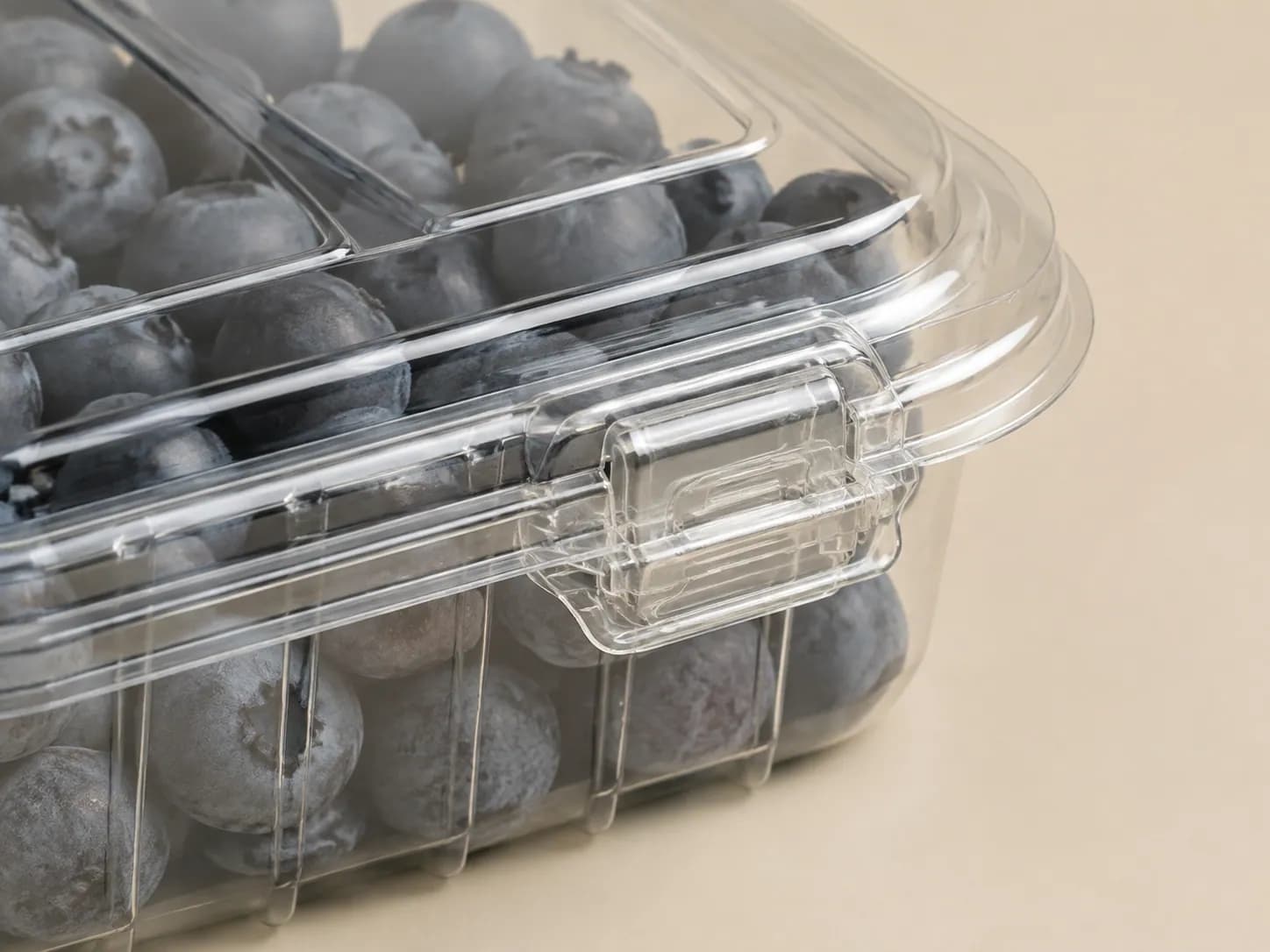 AI packaging illustration: tight three-quarter macro of the closed rim and snap-closing tab of a clear blueberry clamshell, fruit visible behind transparent wall, show a physically plausible joined closure