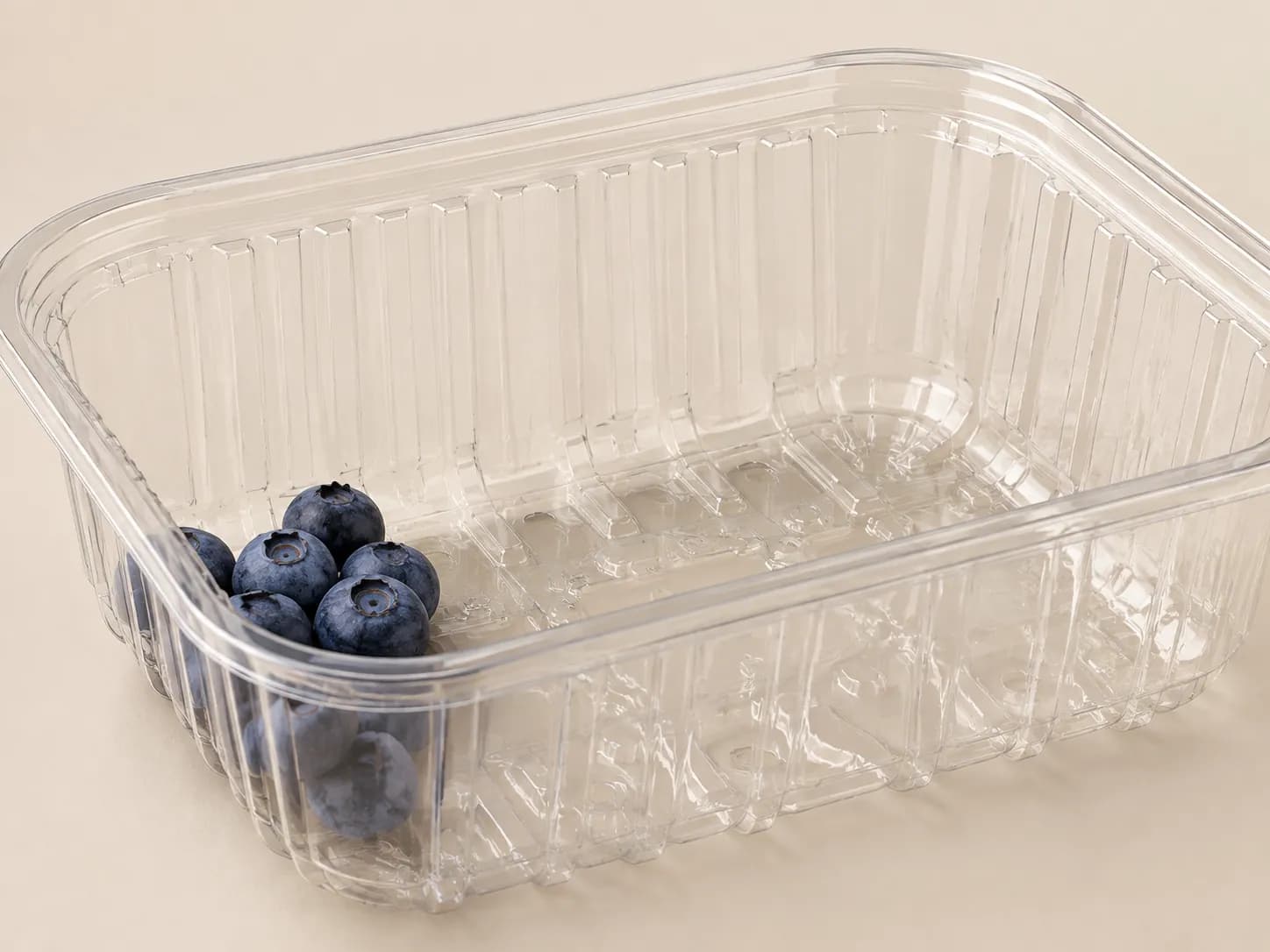 AI packaging illustration: close-up of the contoured floor and side ribs of an empty clear blueberry punnet, a few blueberries placed in one corner showing scale and contact