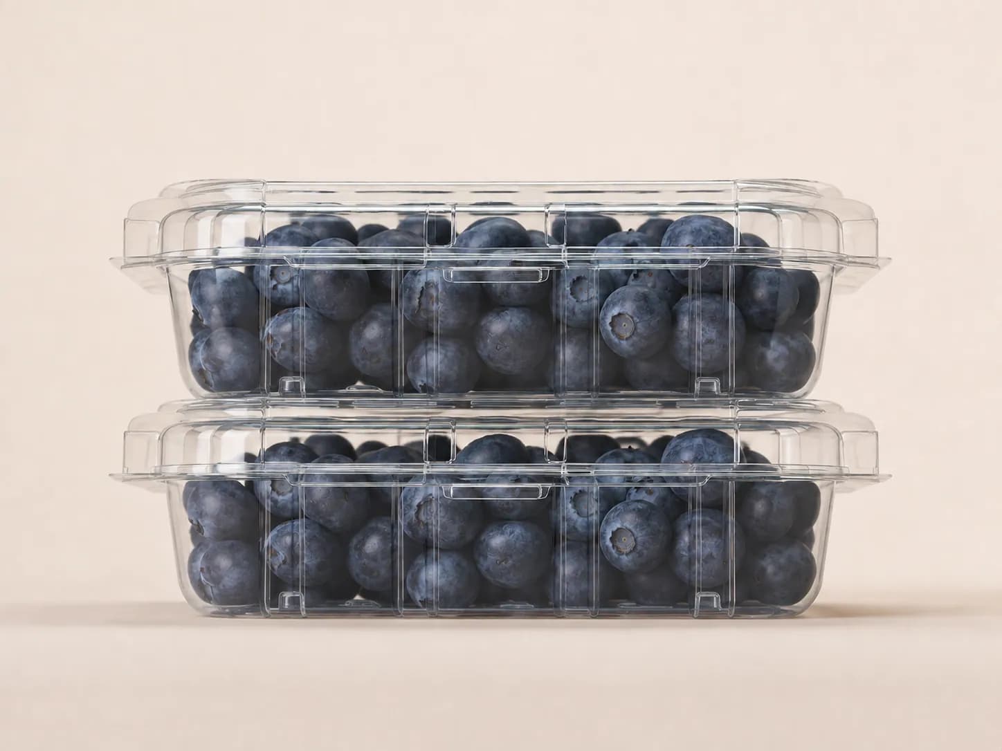 AI packaging illustration: low side view of two closed filled blueberry packs stacked with rims aligned, clearly show interface and separation, neutral surface, conceptual stacking only with no strength claim