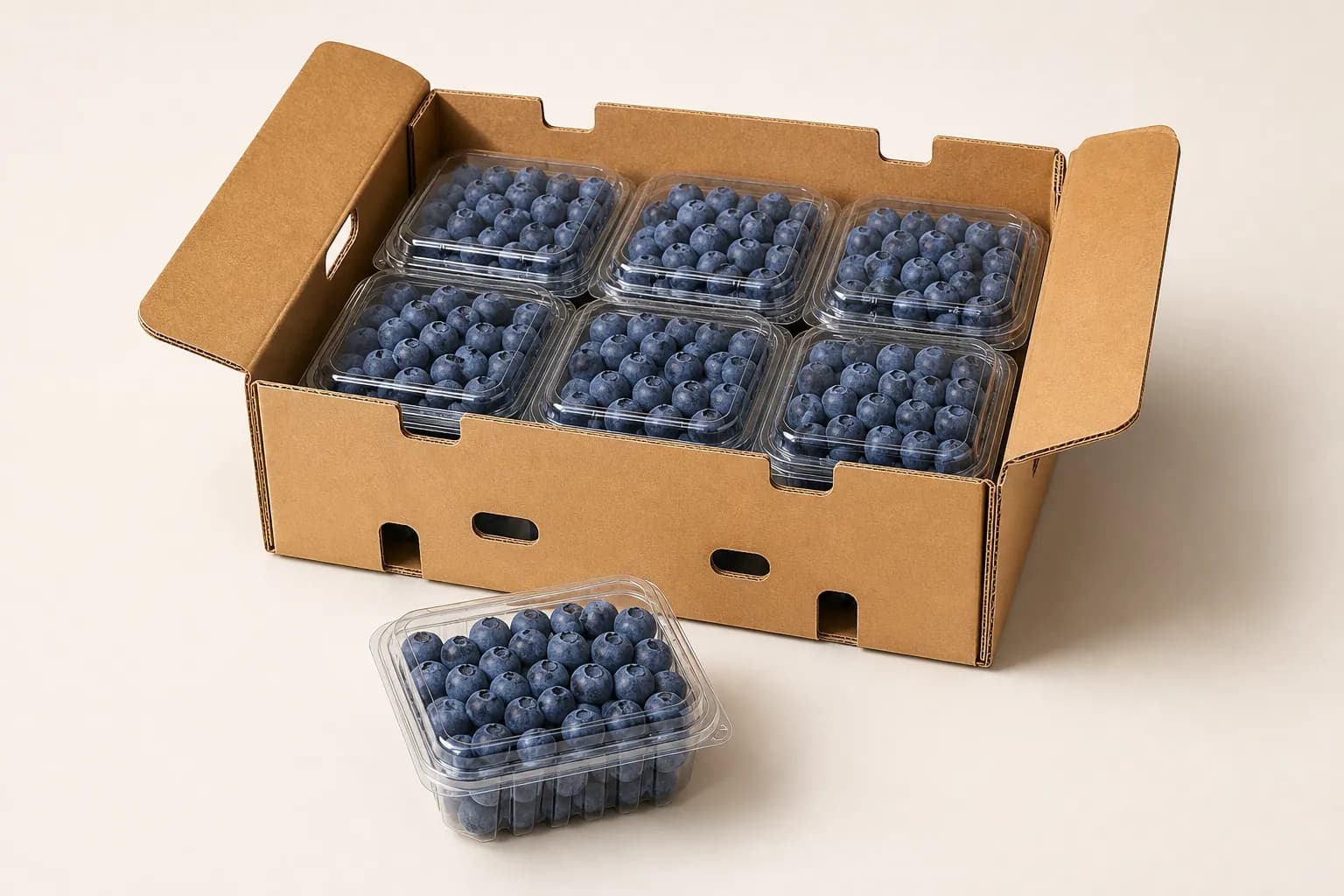AI packaging illustration: clear blueberry packs arranged inside an open kraft carton