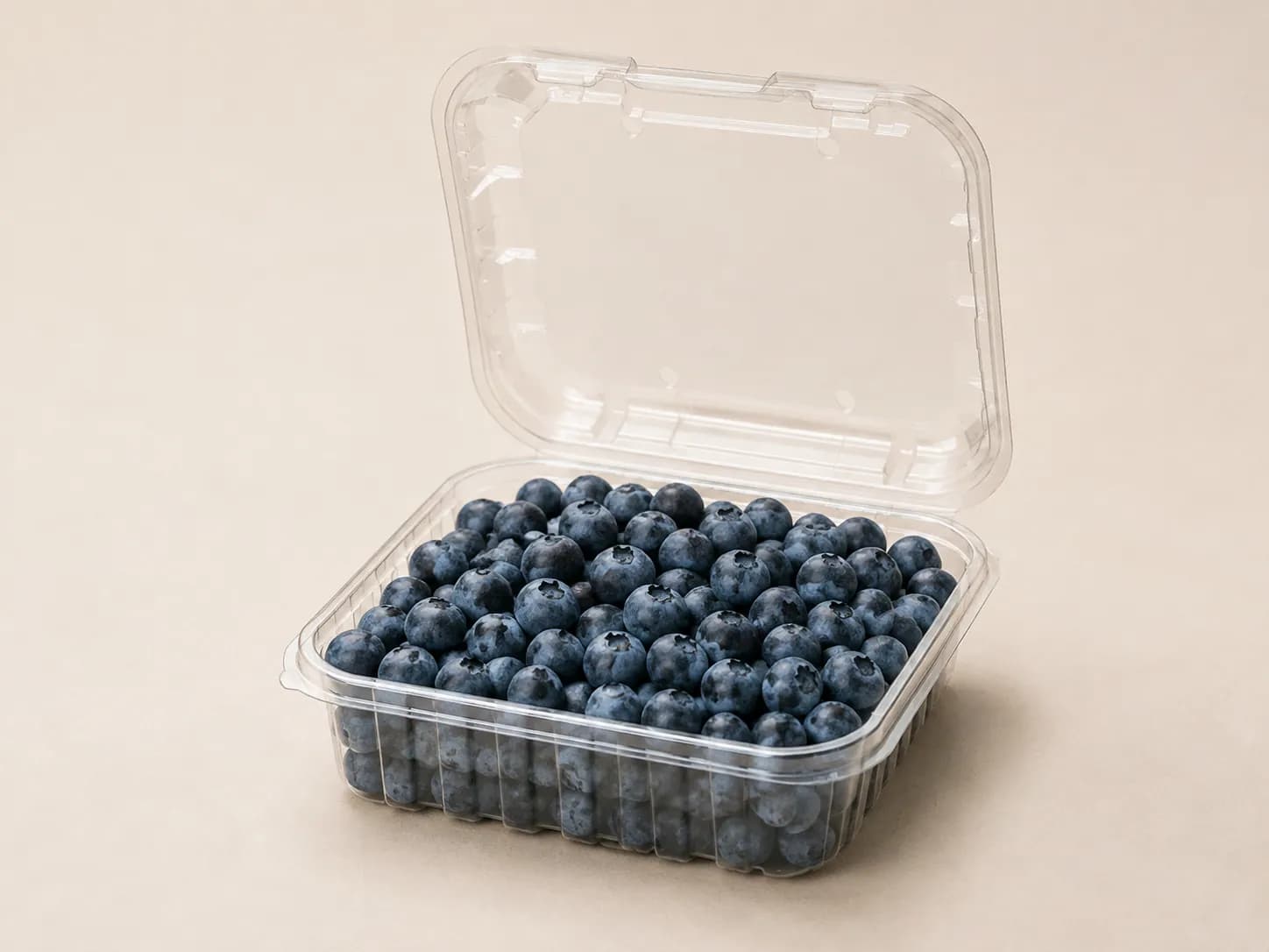 AI packaging illustration: one open clear blueberry clamshell evenly filled with blueberries, lid fully open and fruit below the rim, neutral packing surface
