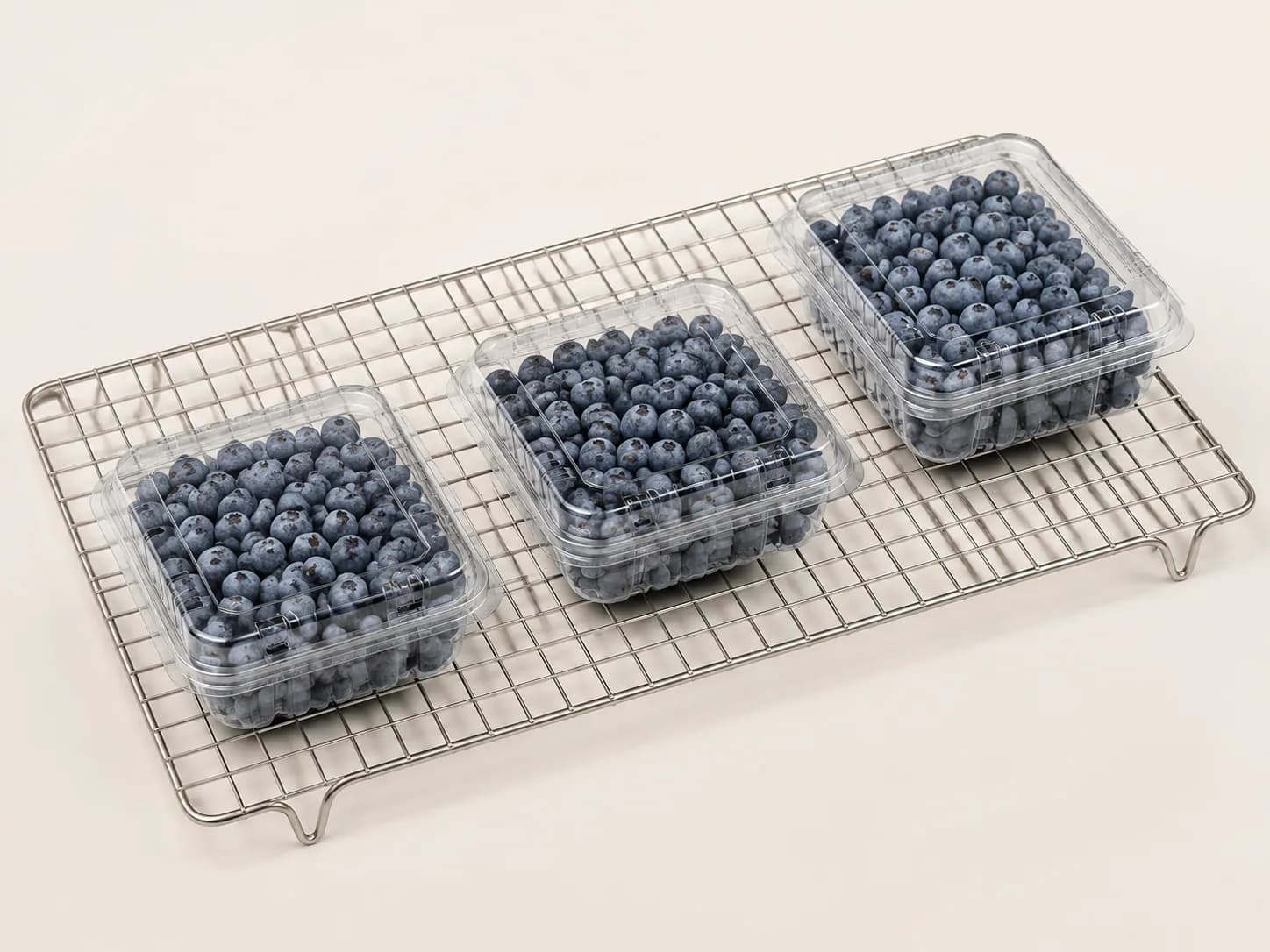 AI packaging illustration: three closed blueberry clamshells spaced on one clean open metal cooling rack, isolated still life