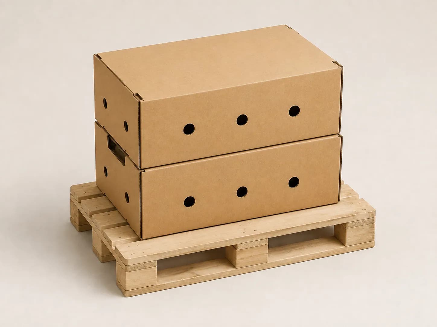 AI packaging illustration: two plain closed ventilated kraft produce cartons positioned squarely on a small clean wooden pallet