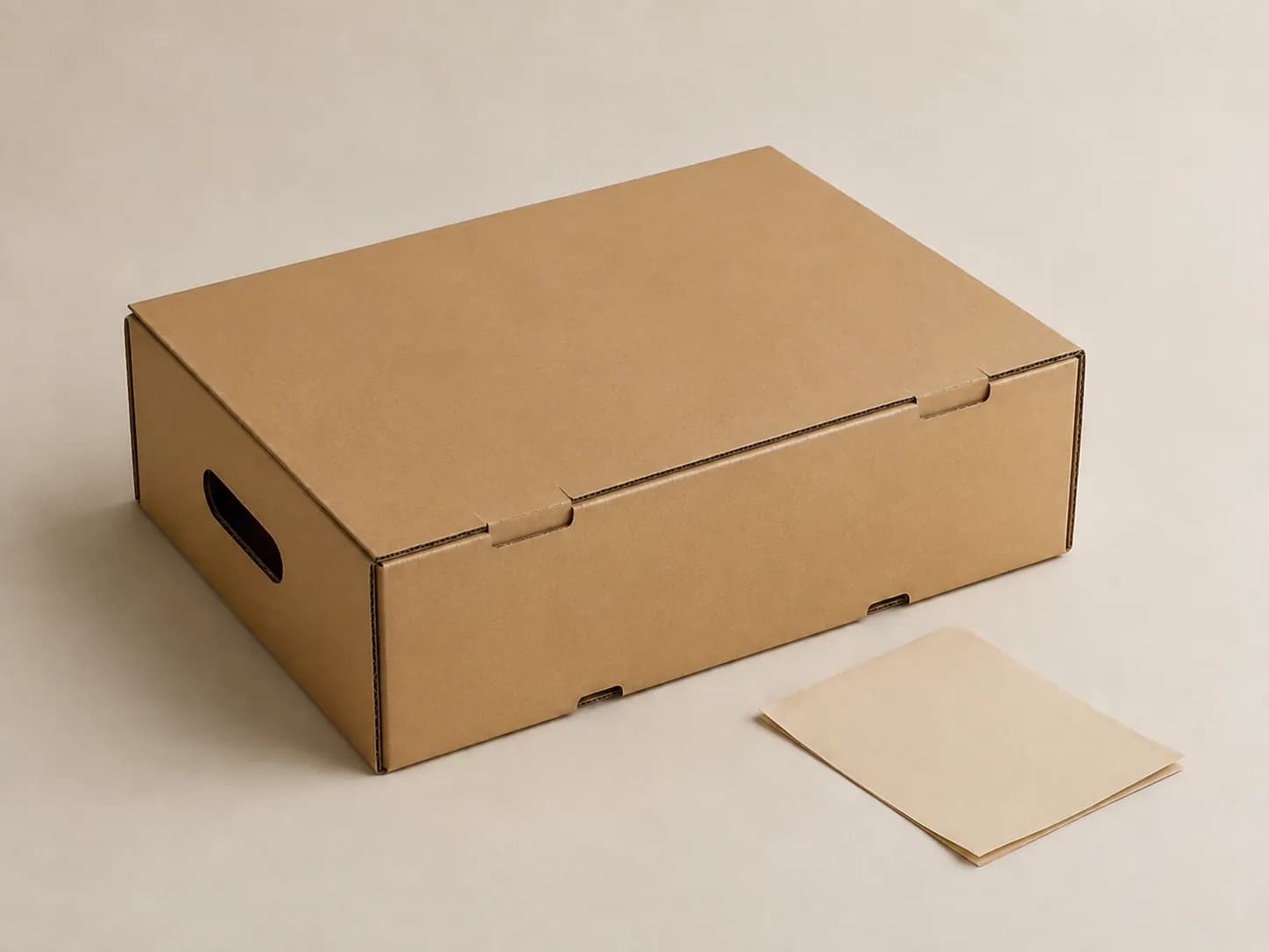 AI packaging illustration: one plain closed produce carton on a neutral receiving surface beside a small unmarked paper note sheet