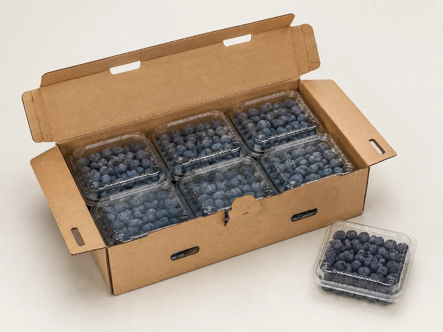 AI packaging illustration: an opened kraft produce carton with closed blueberry clamshells visible inside, one pack removed and placed beside the carton, close elevated view
