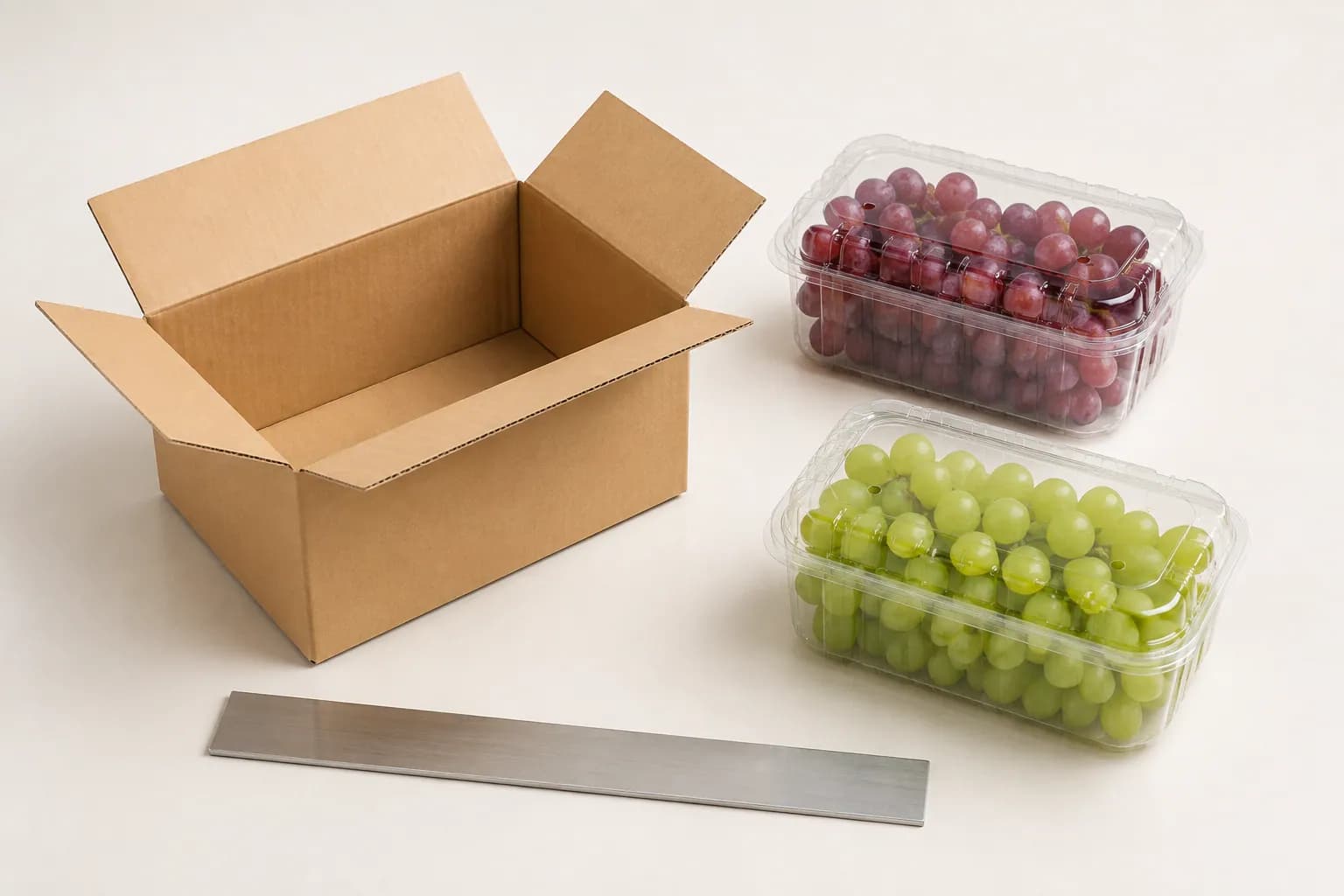 AI packaging illustration: an empty carton, two grape packs and a plain straightedge arranged for dimension review