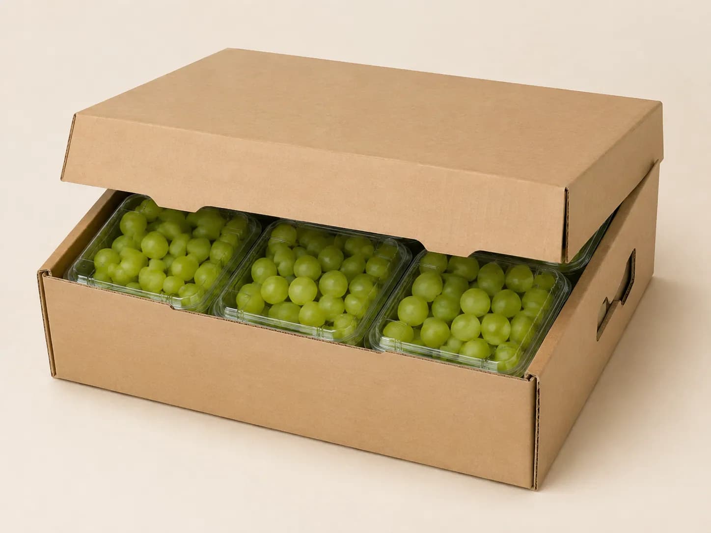 AI packaging illustration: three-quarter view of a plain kraft carton with lid flaps nearly closed above a full layer of grape punnets, show top clearance