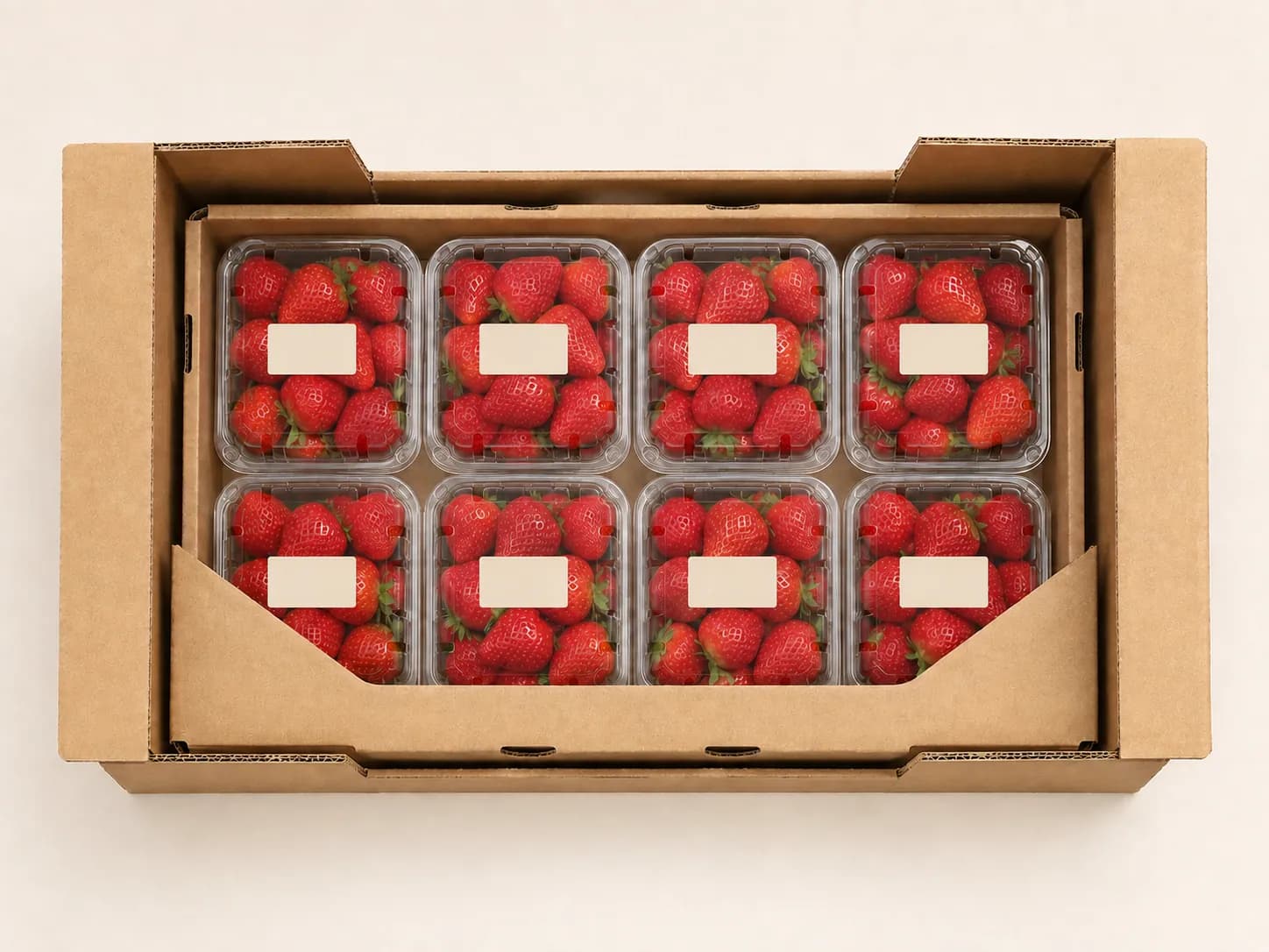 AI packaging illustration: strict top-down product concept view of labelled clear strawberry punnets fitted in one open-front kraft retail tray placed inside a brown outer carton, show relationship of retail tray and shipper