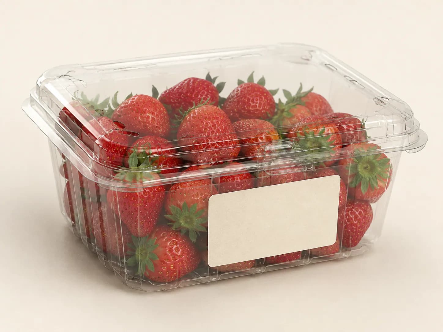 AI packaging illustration: close three-quarter view of one clear strawberry punnet with a small blank cream paper label positioned on the front side, leave most fruit visible and keep the opening tab unobstructed