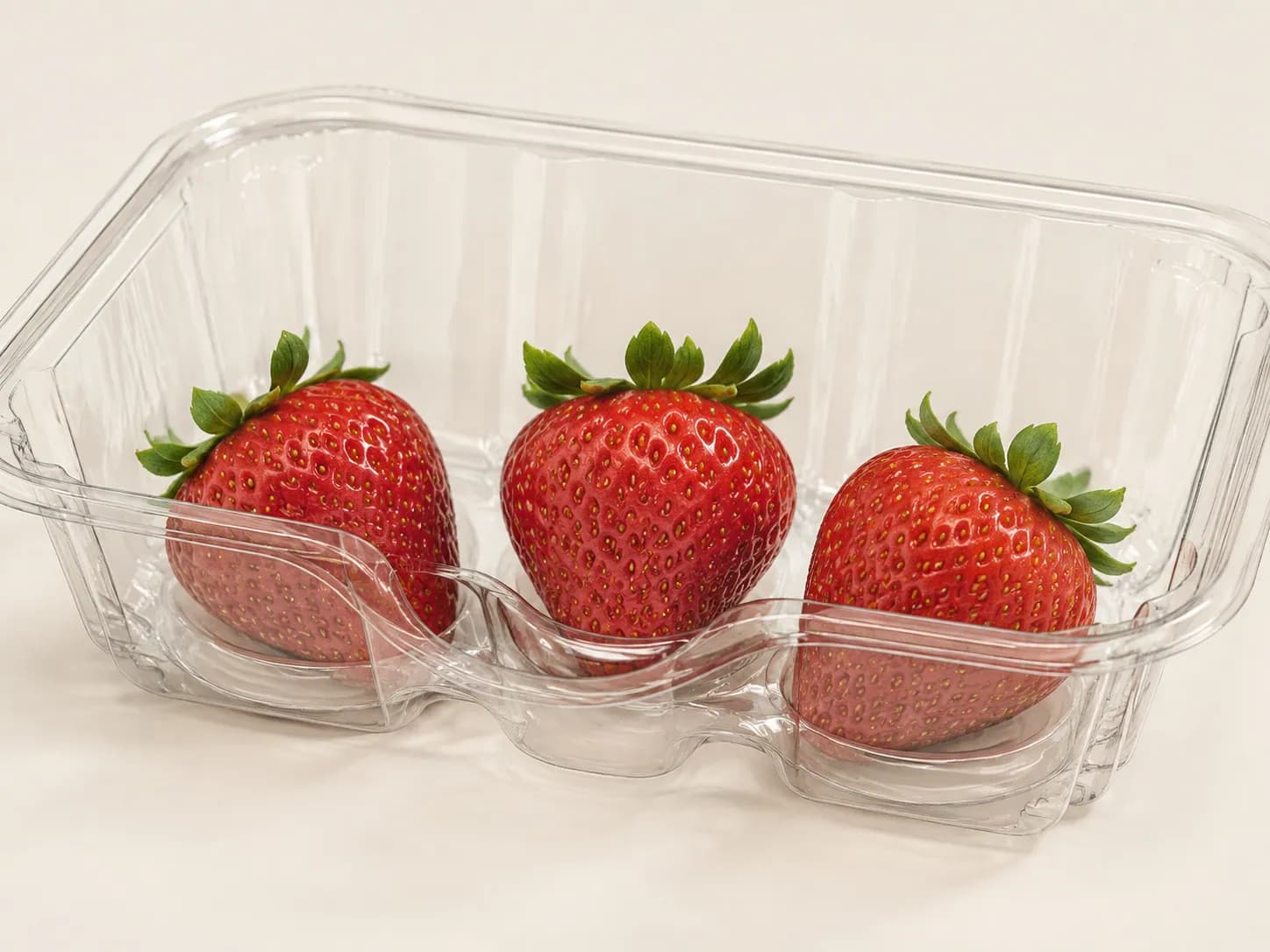 AI packaging illustration: macro of the contoured clear base of a strawberry punnet with three strawberries resting inside, focus on fruit position and support