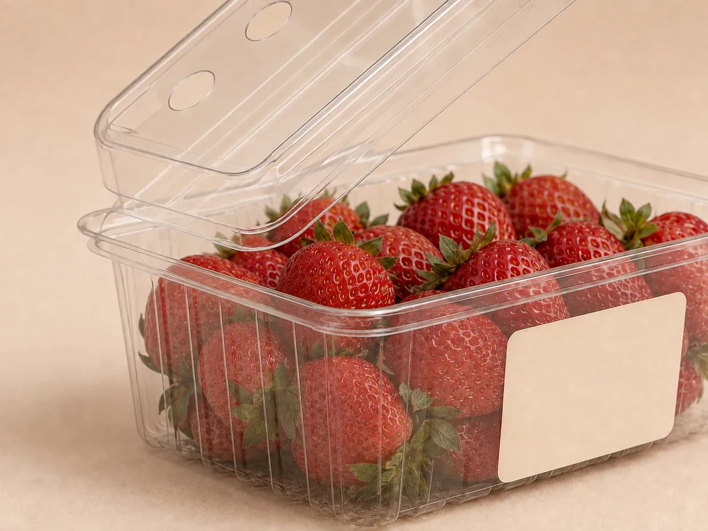 AI packaging illustration: close-up of a strawberry pack hinge and lifted lid edge, a plain cream label on the front wall not across the hinge or opening tab