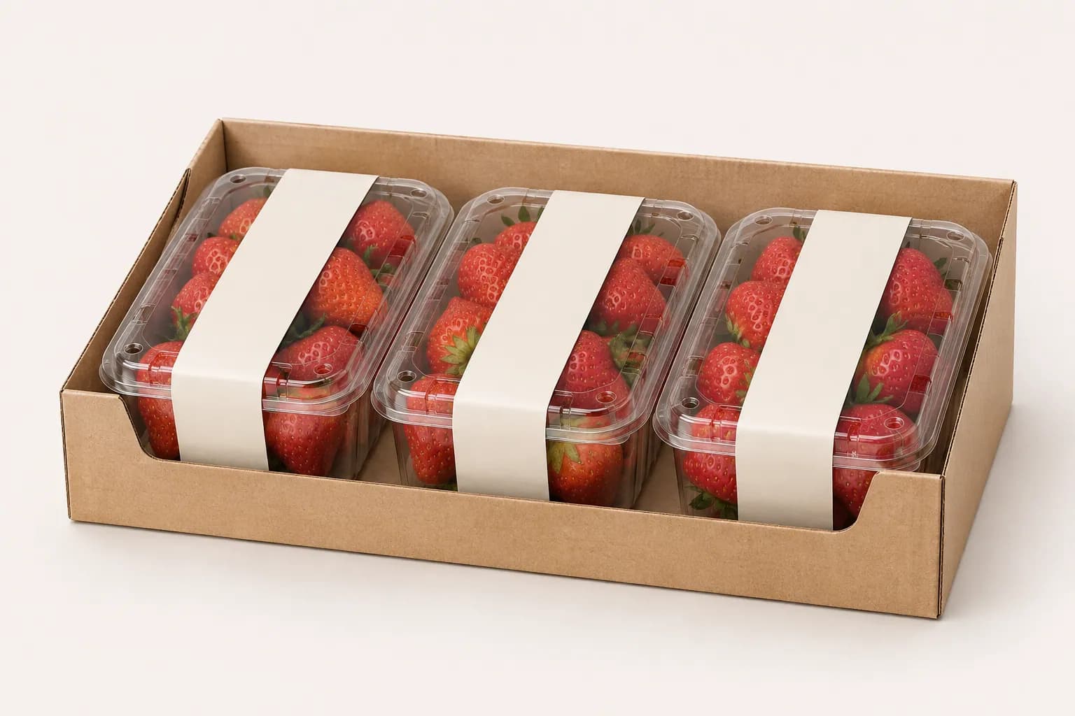 AI packaging illustration: three labelled strawberry punnets in a kraft retail display tray