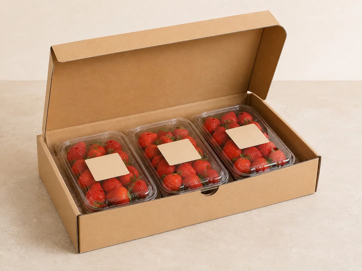 AI packaging illustration: one plain kraft retail produce carton with lid open on a neutral receiving table, three clear strawberry punnets with small plain cream labels visible inside
