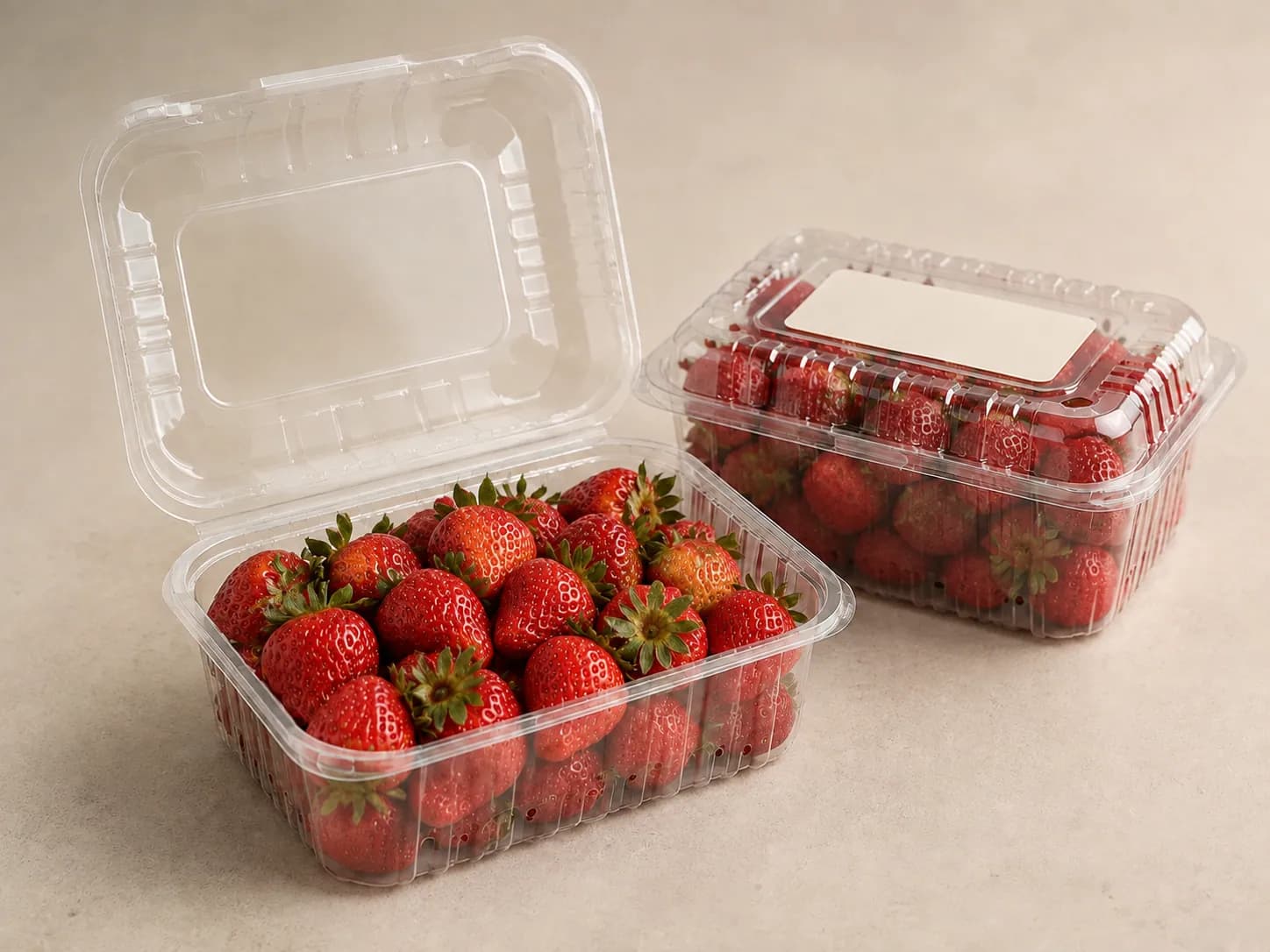 AI packaging illustration: one filled clear strawberry punnet with the transparent lid hinged fully open, another closed labelled pack behind it, neutral tabletop, illustrate filling and closing
