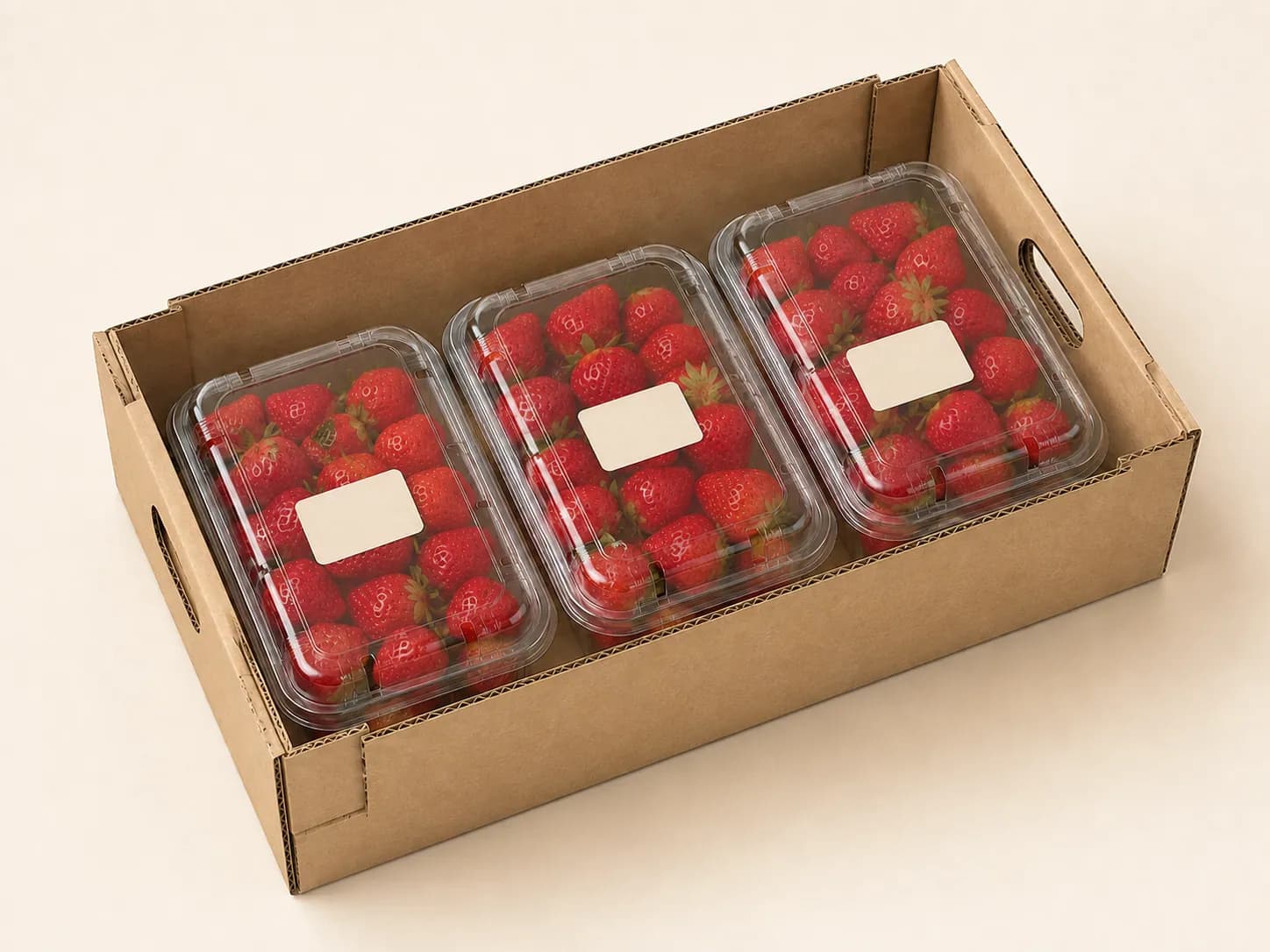 AI packaging illustration: three labelled clear strawberry punnets placed inside a plain kraft transport carton, high three-quarter view with visible carton walls, illustrate pack-out for transfer