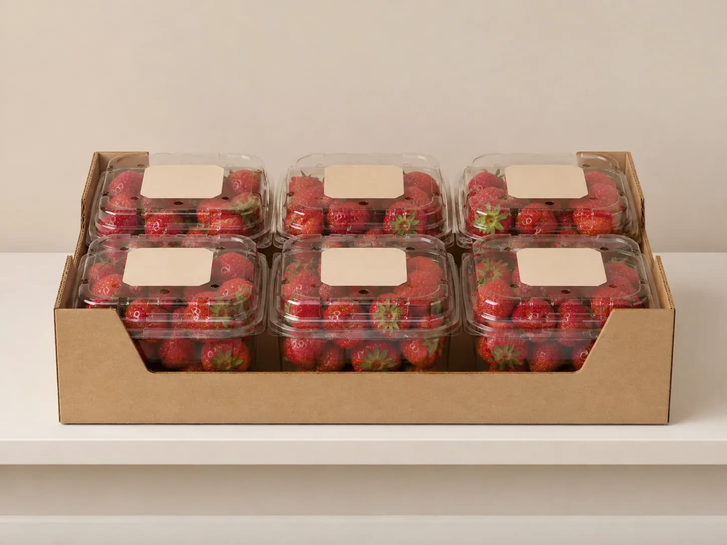 AI packaging illustration: clear strawberry punnets with small cream labels in an open-front kraft tray on one neutral shelf, front view at shelf level