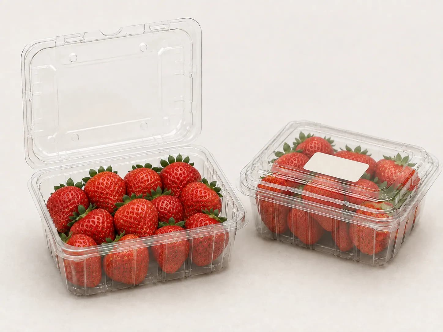 AI packaging illustration: one opened clear strawberry punnet beside an identical closed labelled punnet on a neutral pale surface, lid open backward and fruit held within the base