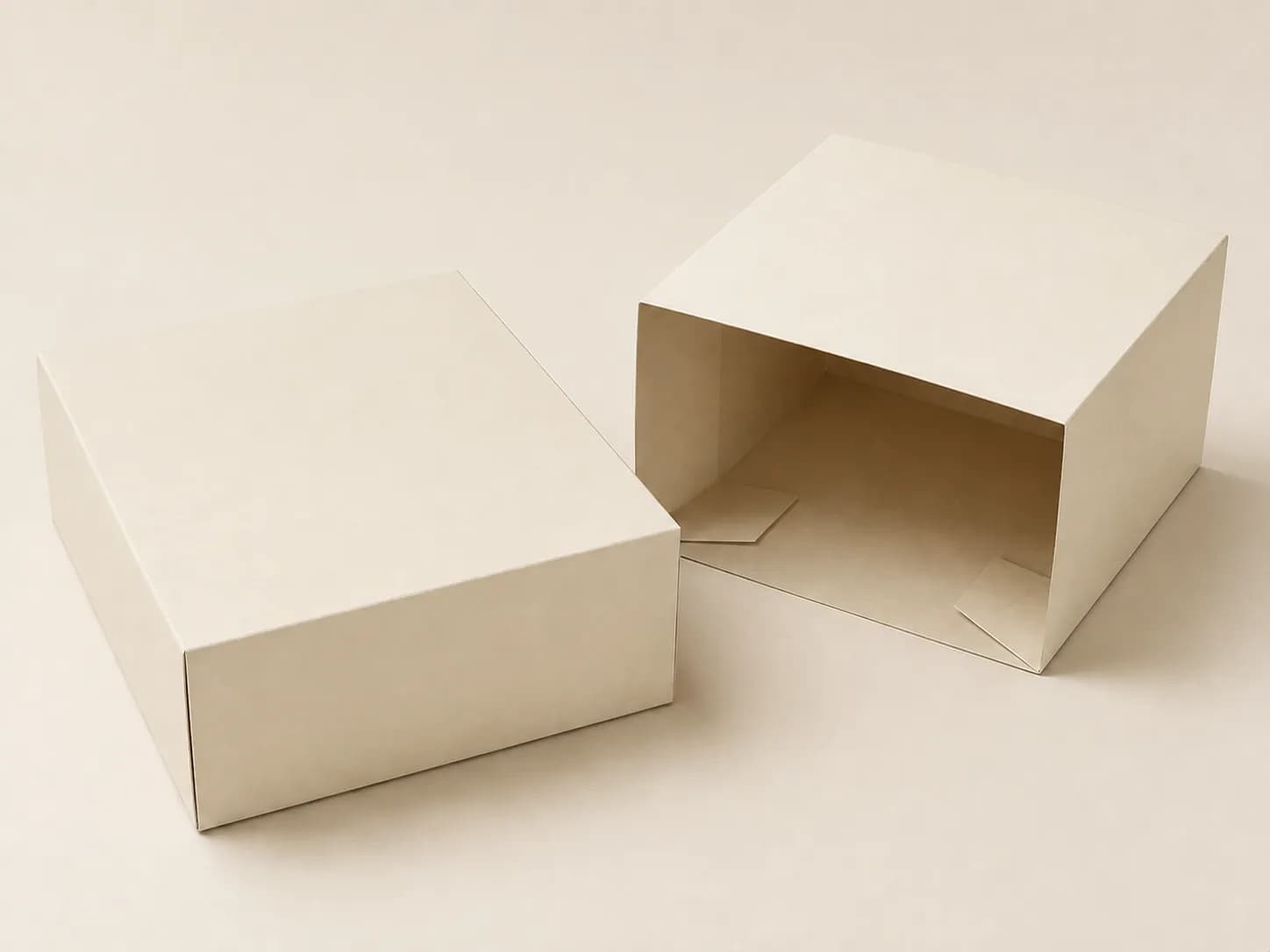 AI packaging illustration: blank cream paper sleeve beside a plain cream gift carton, sleeve folded open enough to show where it wraps around the box