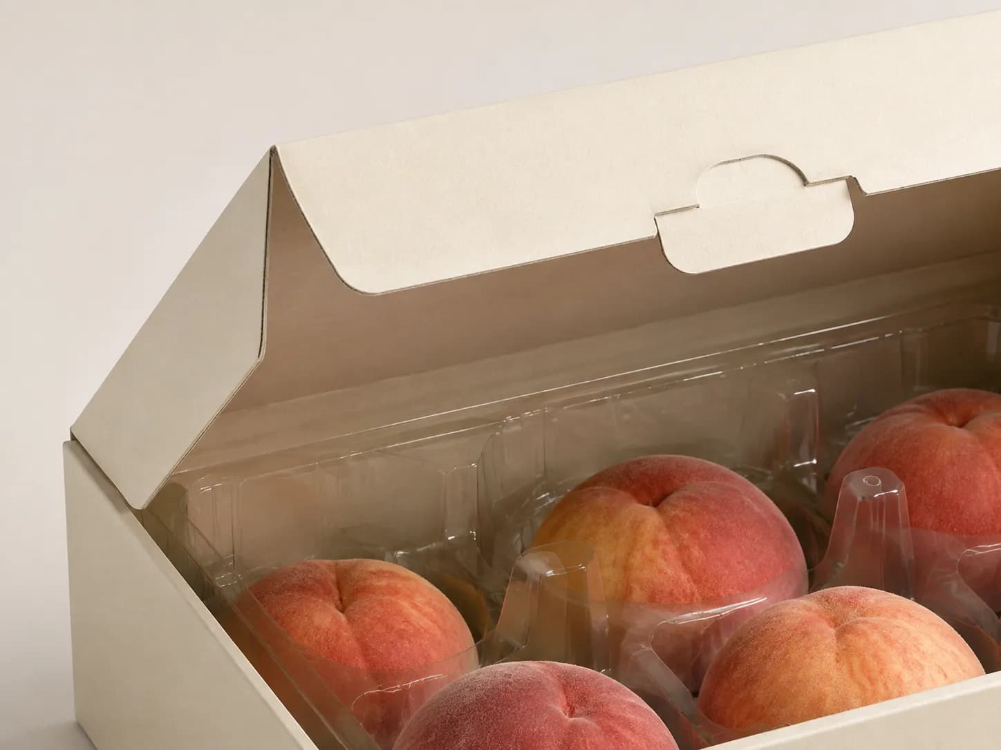 AI packaging illustration: close technical view of a plain cream gift carton lid hinge and closing tab with an inner clear support tray visible, physical lid opening clearance visible