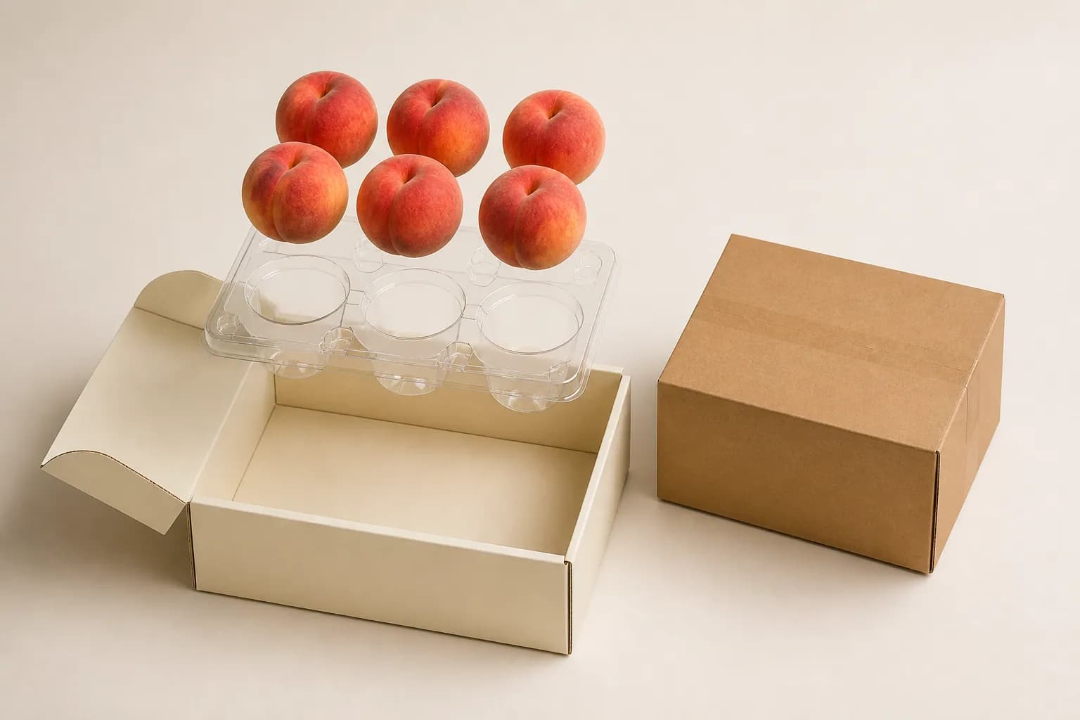 AI packaging illustration: peaches, a clear support tray, a gift carton and a shipper shown as separate layers