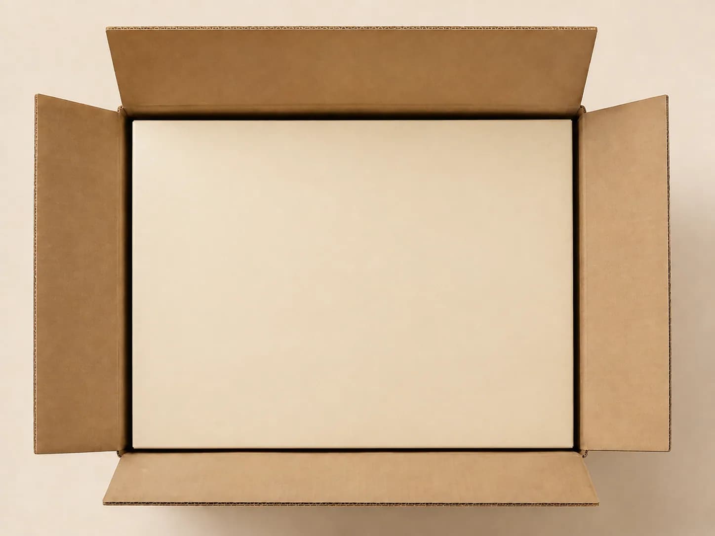 AI packaging illustration: strict top-down view of a closed cream fruit gift carton seated within a slightly larger open plain brown shipper, show natural narrow clearance on all sides without fillers
