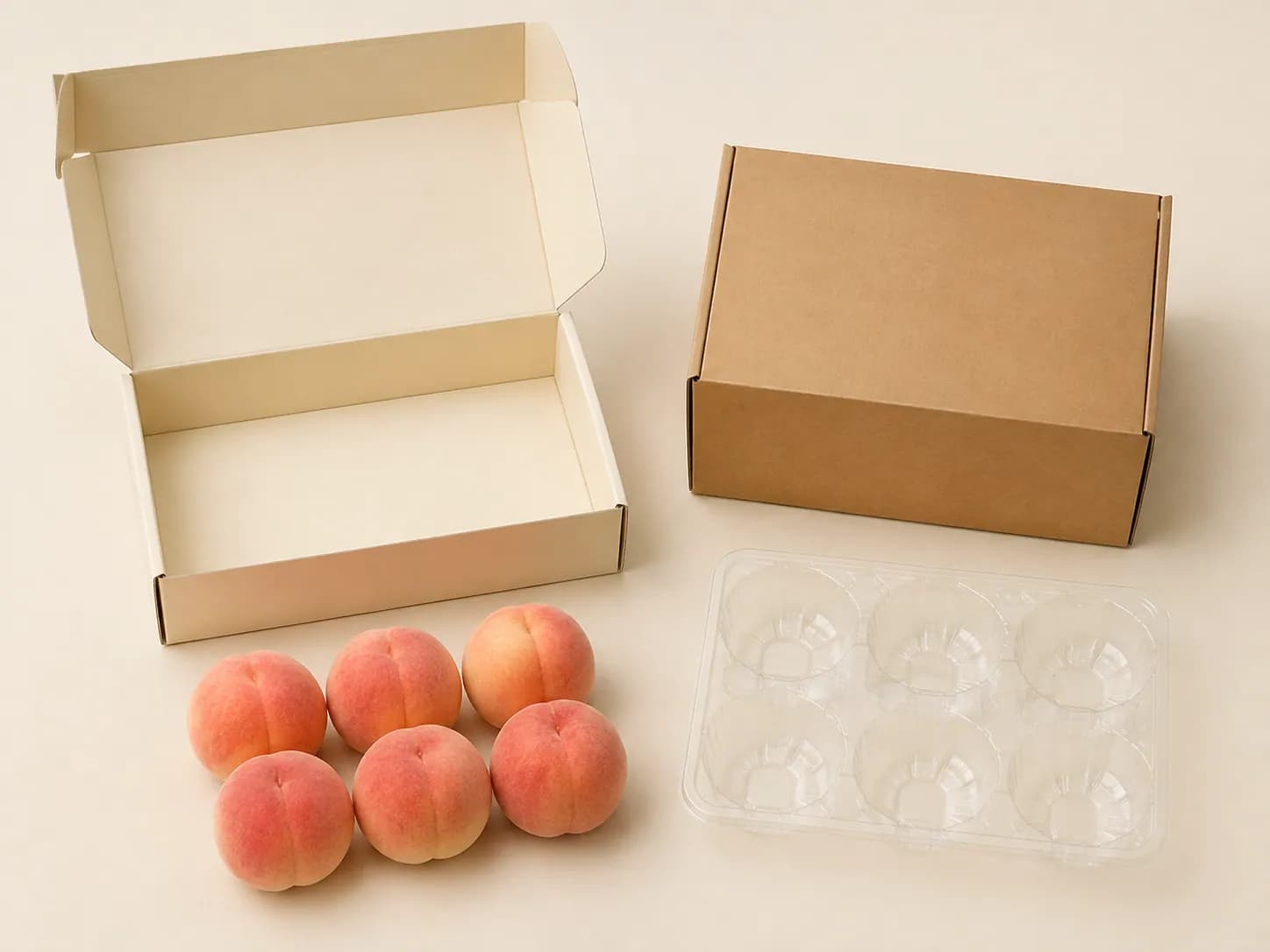 AI packaging illustration: the complete conceptual peach gift system arranged as a clear flat lay: six peaches grouped together, one empty six-pocket clear tray, an open cream gift box and a separate plain brown shipper, complete objects separated with no overlap