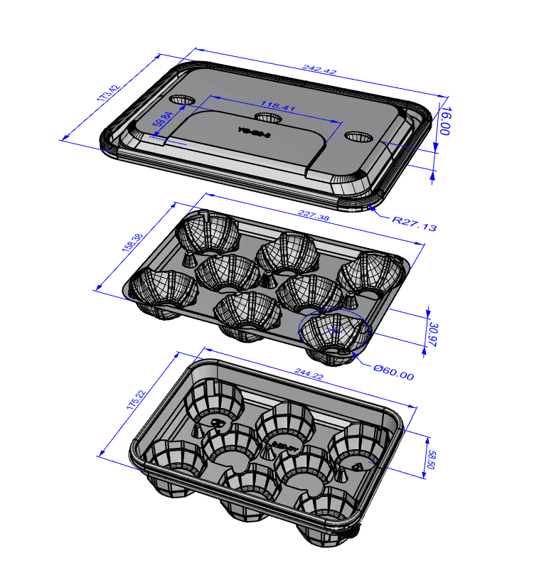Exploded and three-dimensional views from the same supplied technical drawing set.