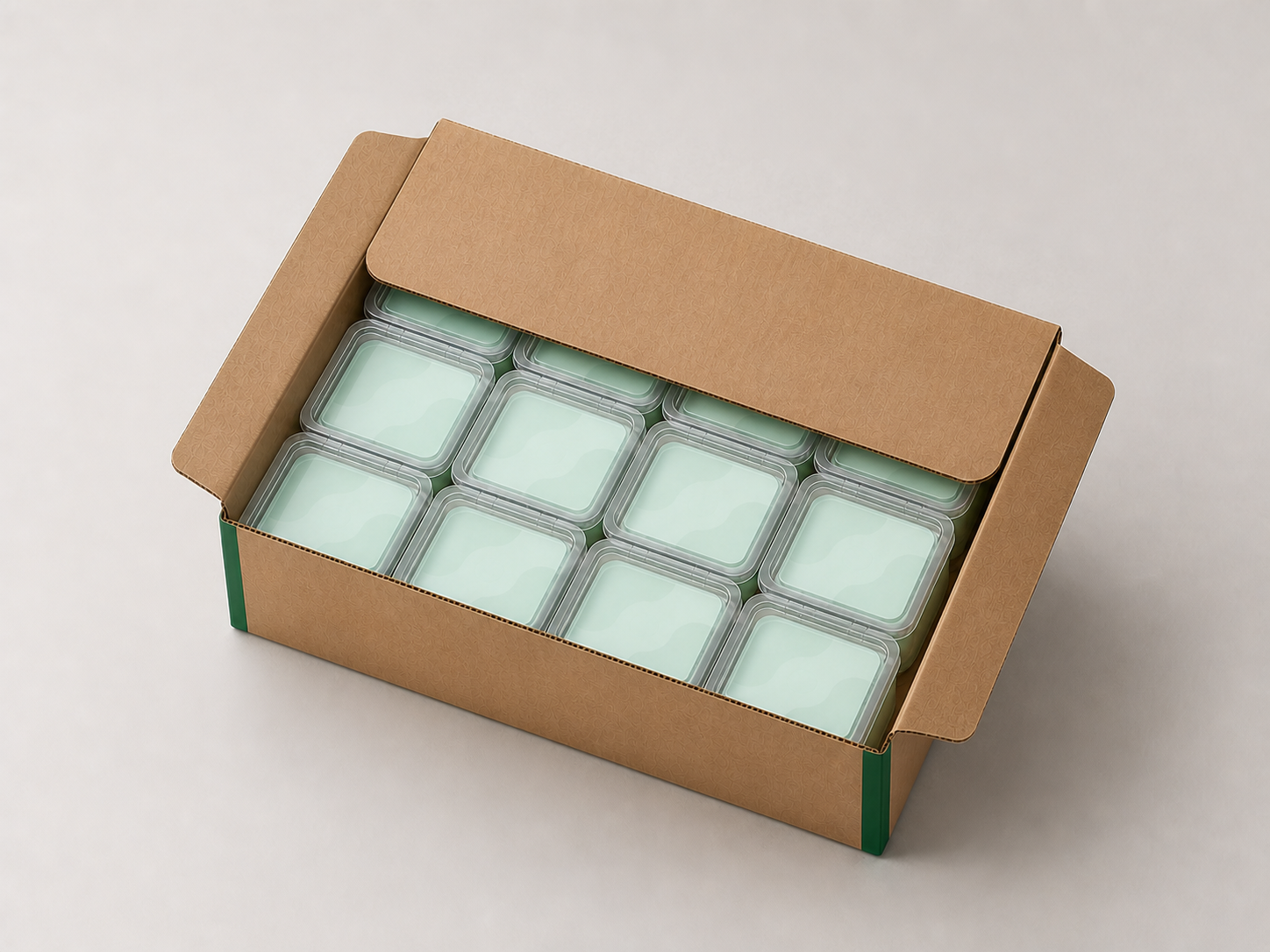 AI-generated illustrative view of the same twelve generic sample packs entering a ready-to-close handoff state in the same carton