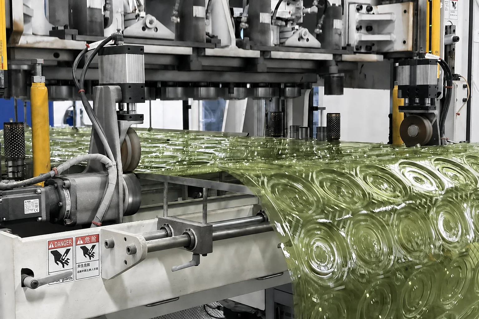 Green formed sheet passing through the production equipment