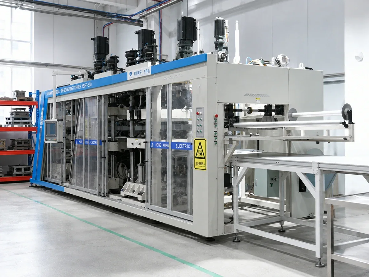 Full view of blue and white forming equipment on the production floor