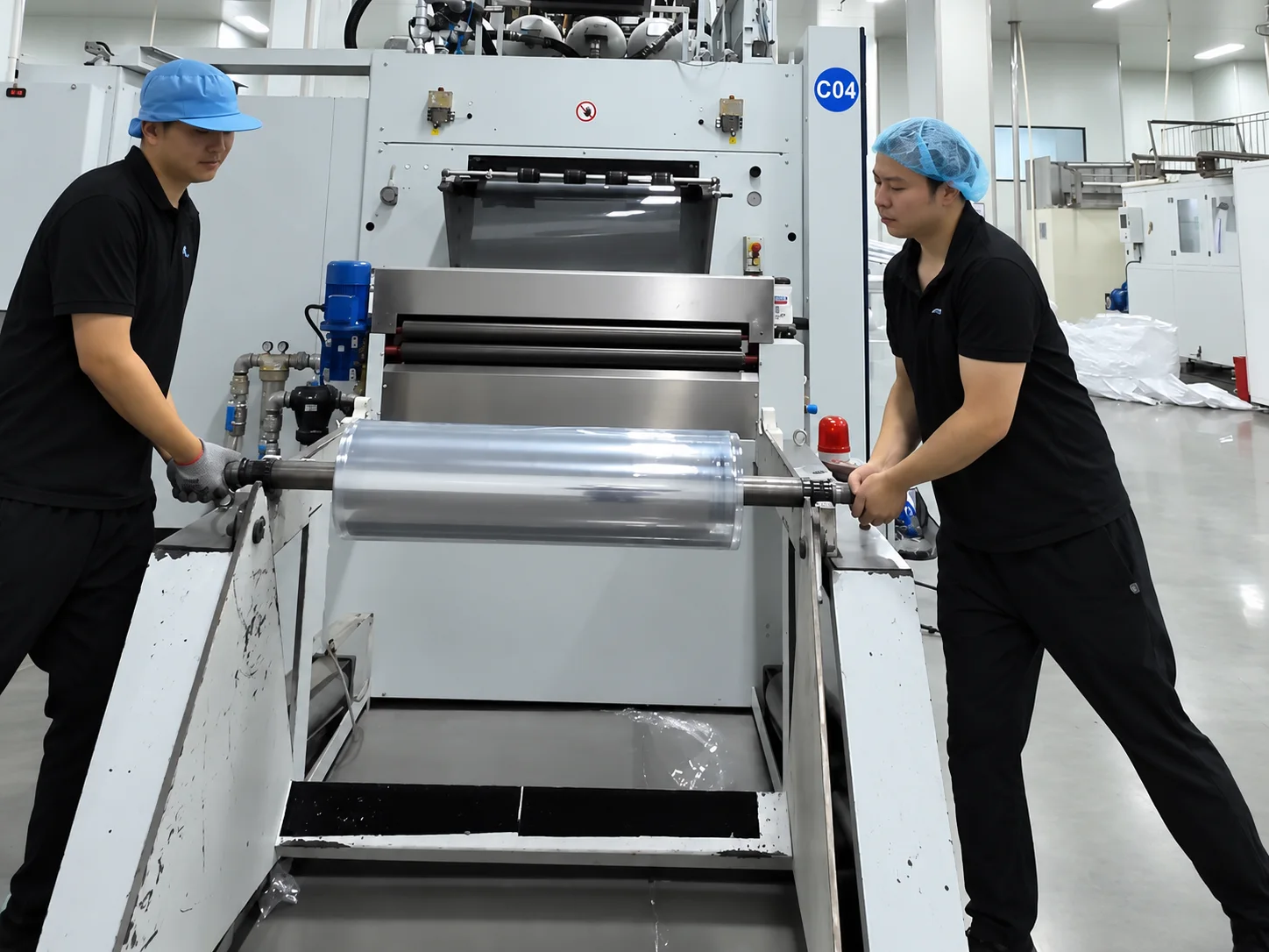 Operators loading a sheet roll