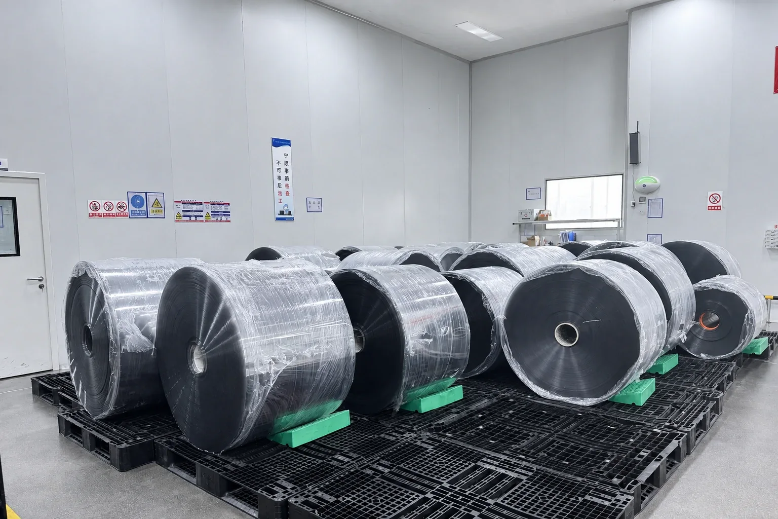Wrapped sheet-material rolls stored on pallets before loading