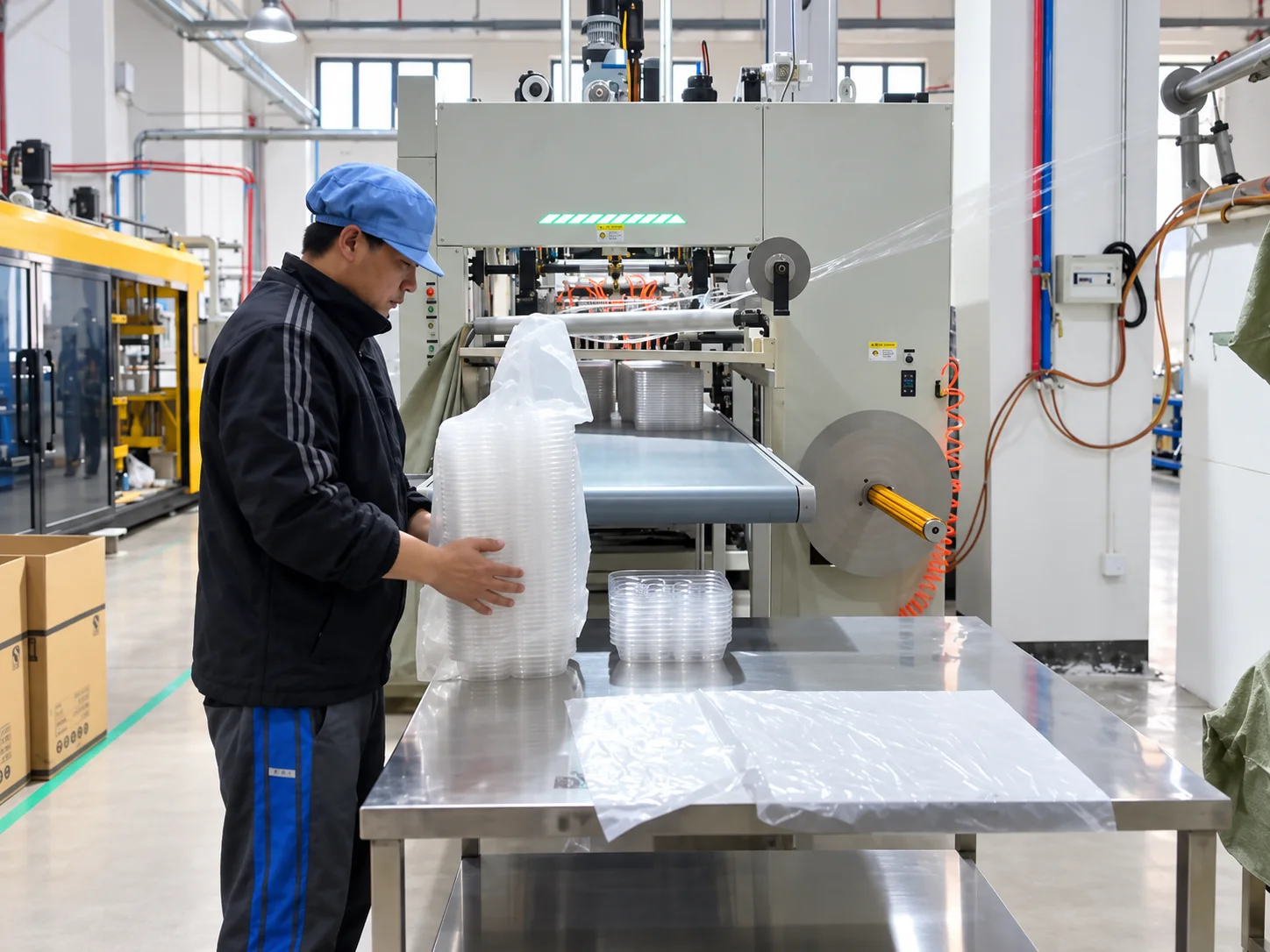 Handling sleeved stacks of trays