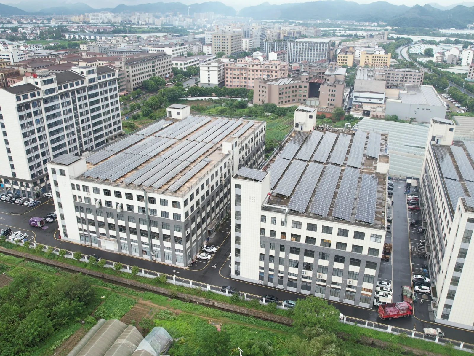 Aerial view of the factory buildings and surrounding site