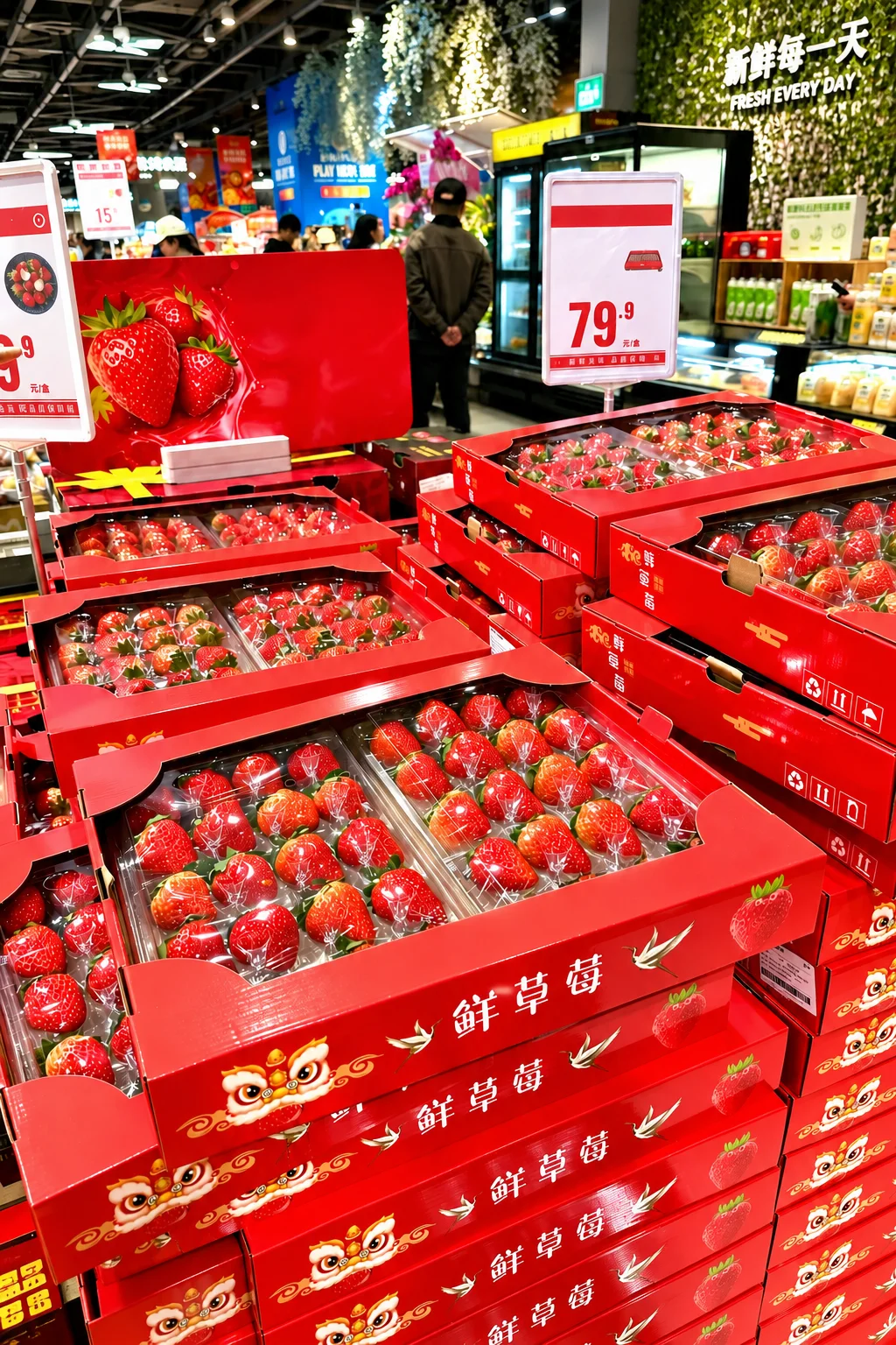 Red strawberry gift boxes on display