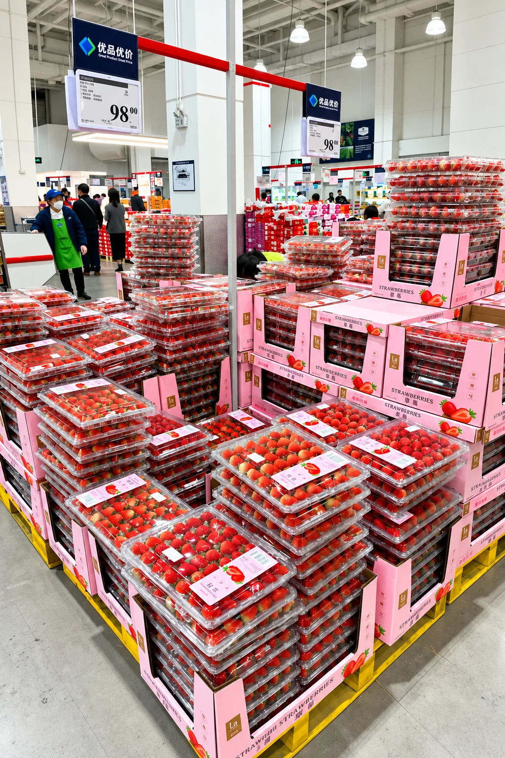 Stacked strawberry packaging on a supermarket shelf