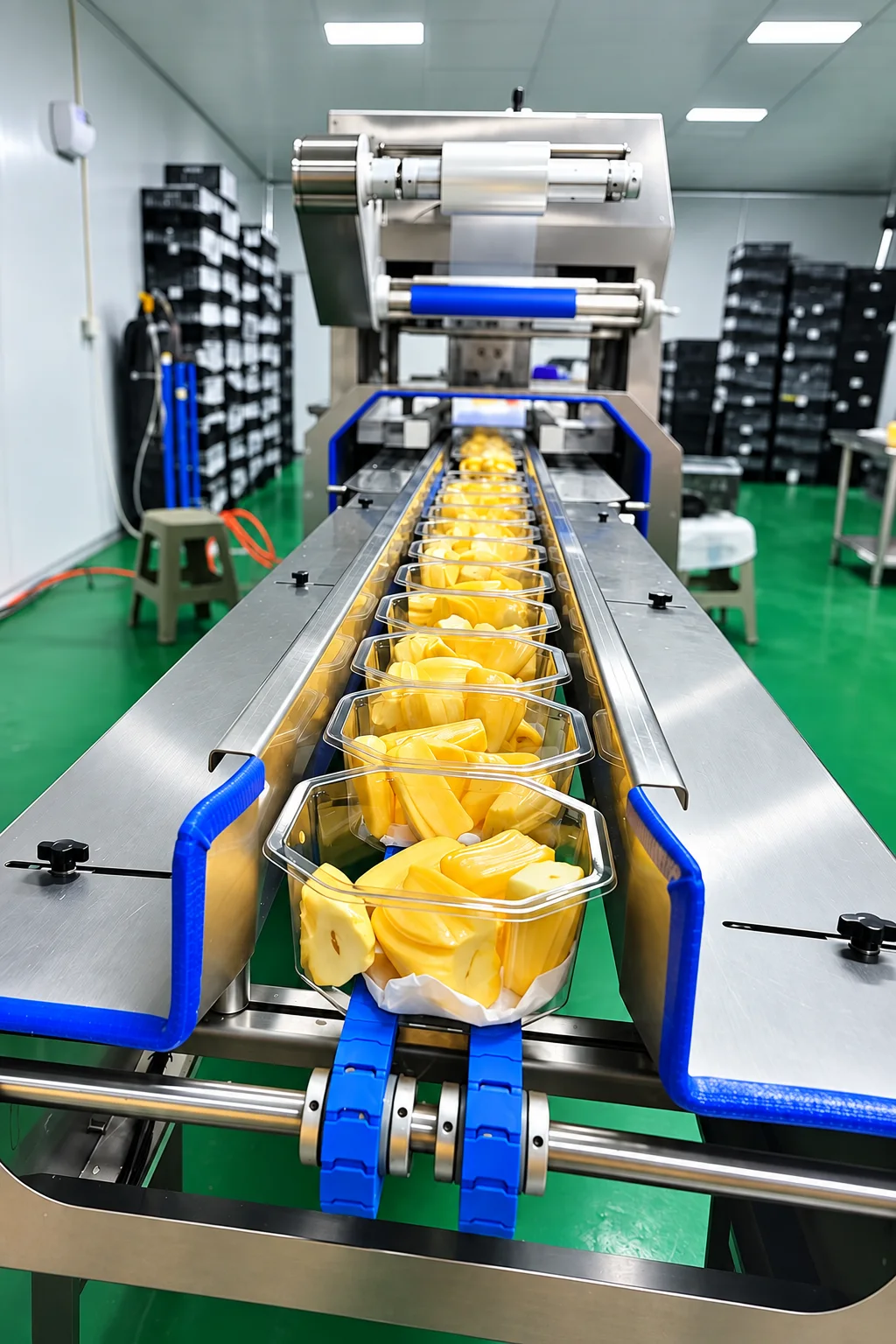 Jackfruit packs along a sealing conveyor