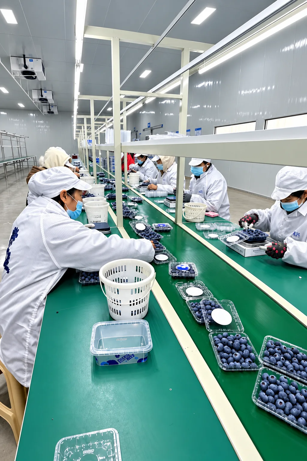 Workers weighing and packing blueberries