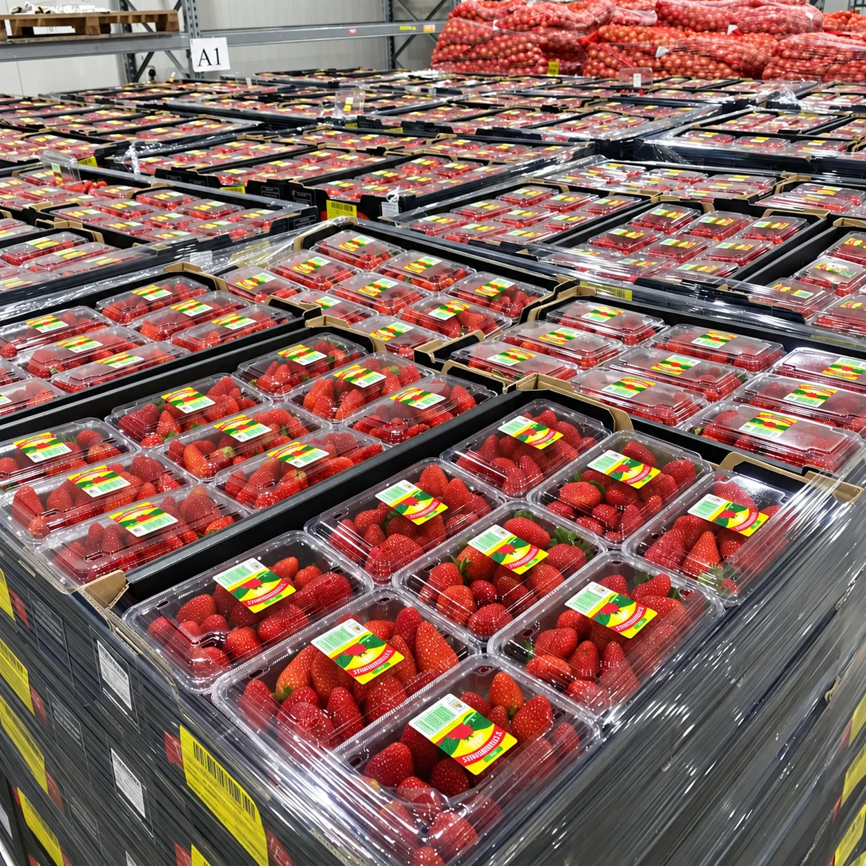 Packed strawberries arranged in transport crates