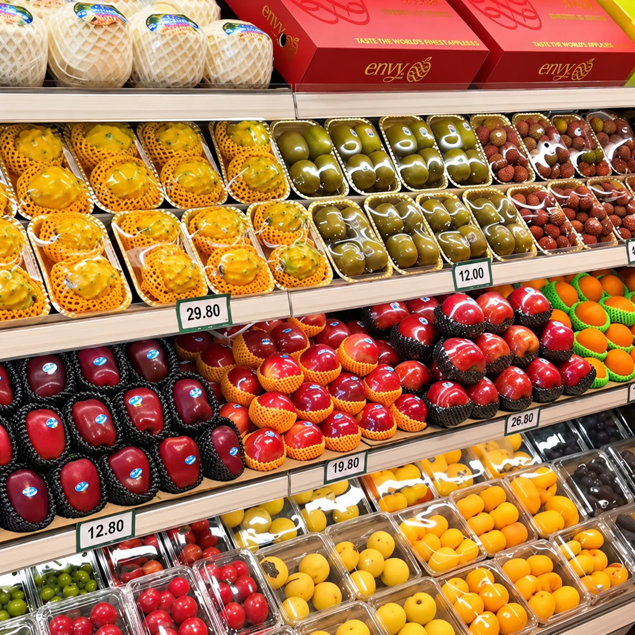 Mixed-fruit trays with printed sleeves on a retail shelf