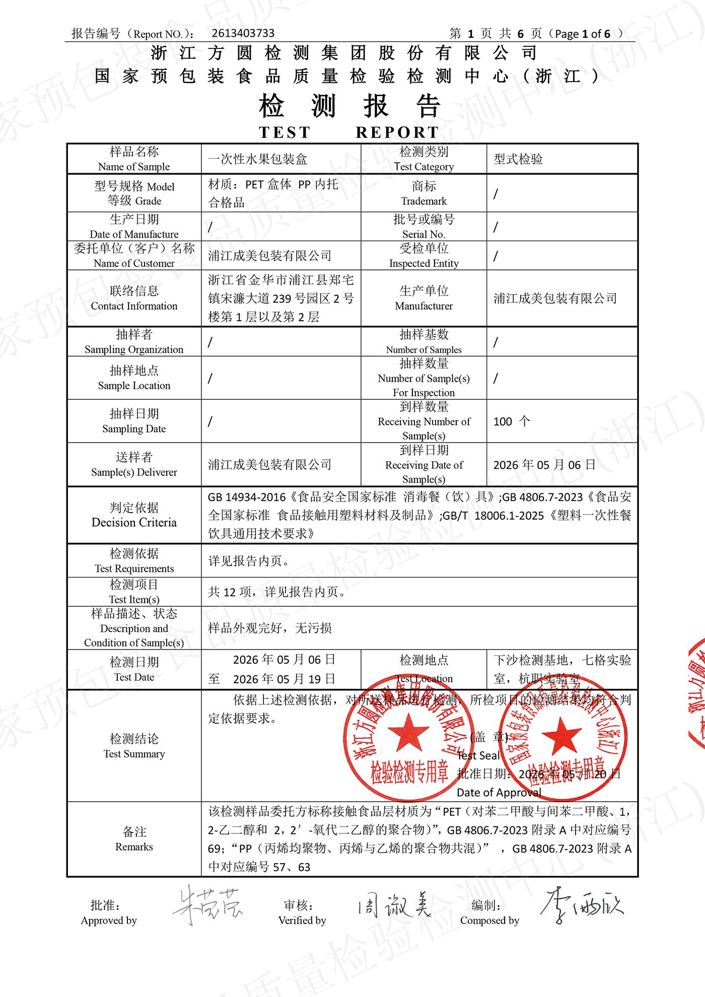 Page 1 of 6 of test report 2613403733