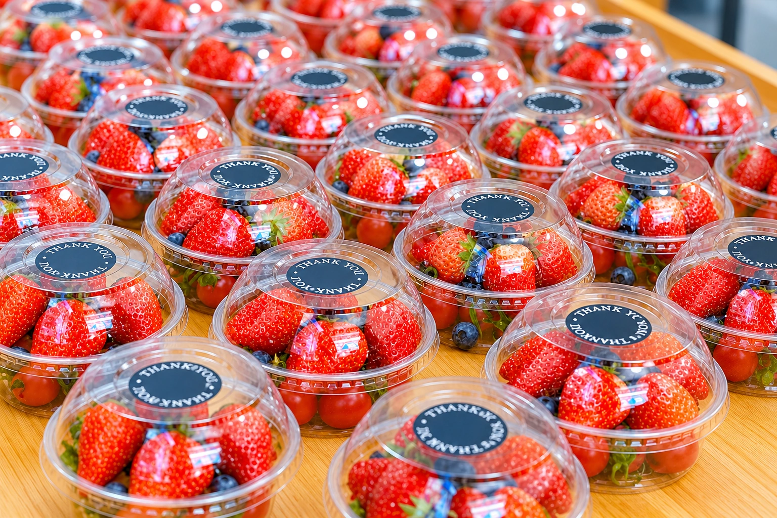 Round strawberry and blueberry bowls with labels