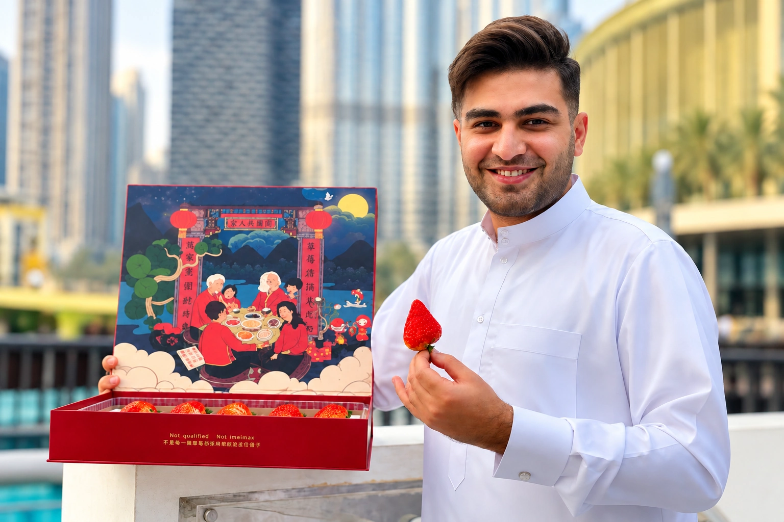 A man holding a strawberry gift package
