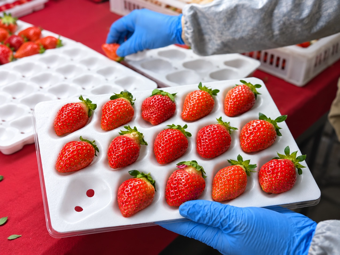 Strawberries being placed in a white insert