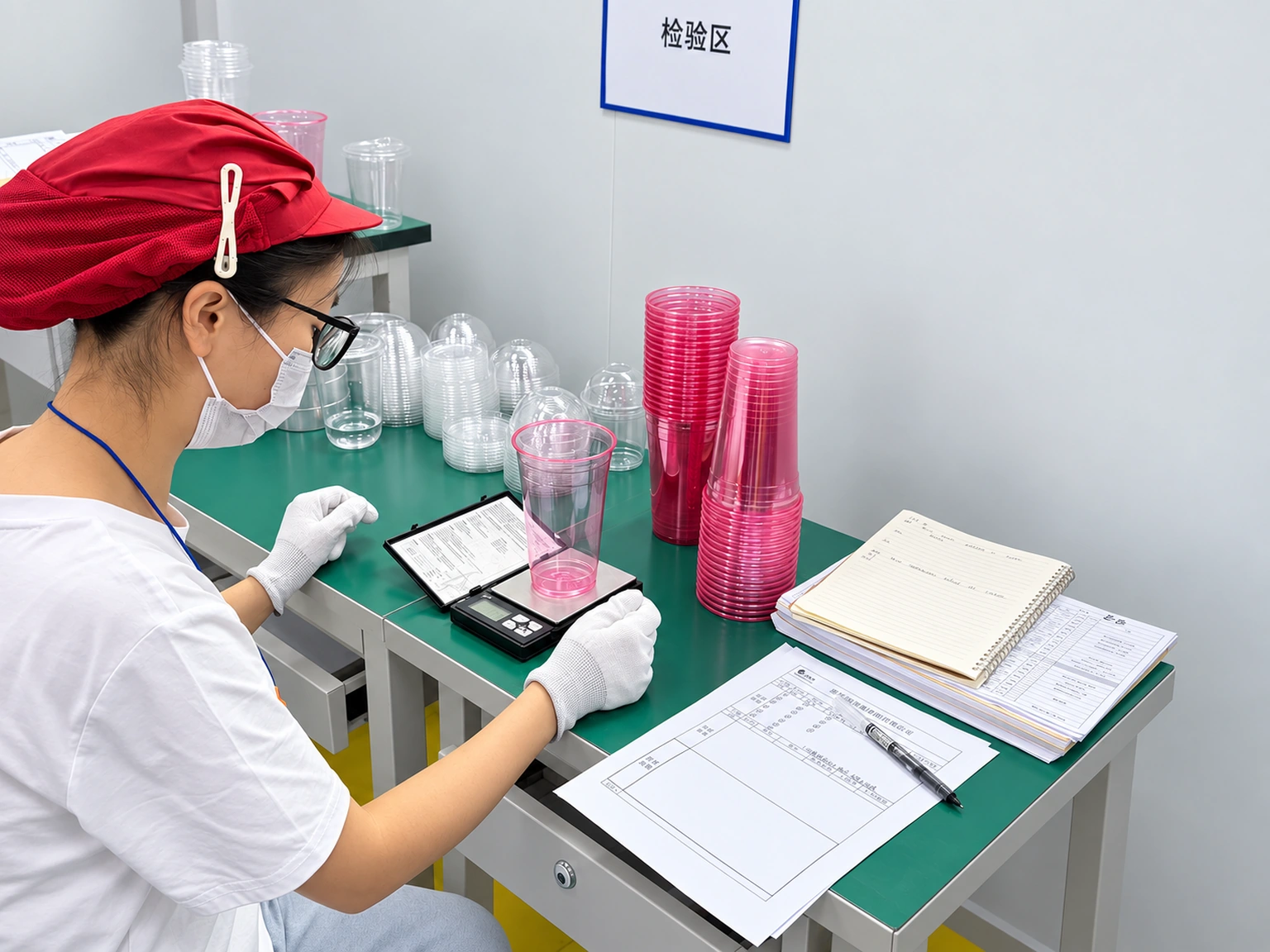 A worker weighing a pink cup