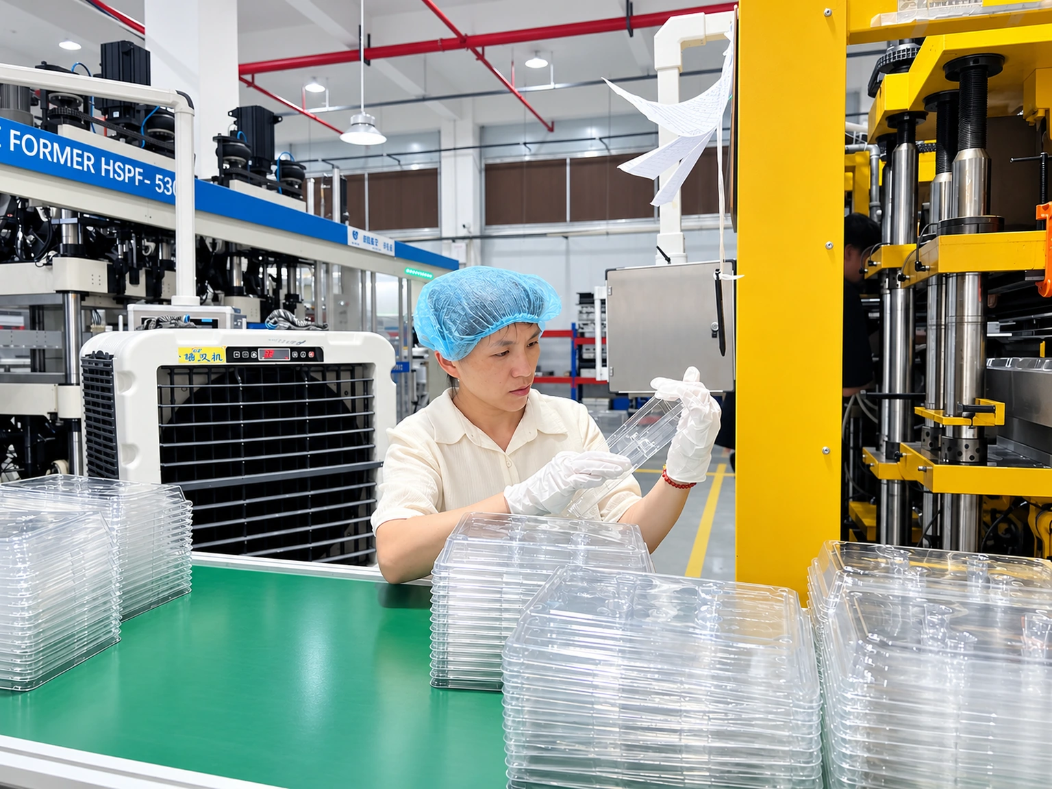 A worker inspecting a clear clamshell