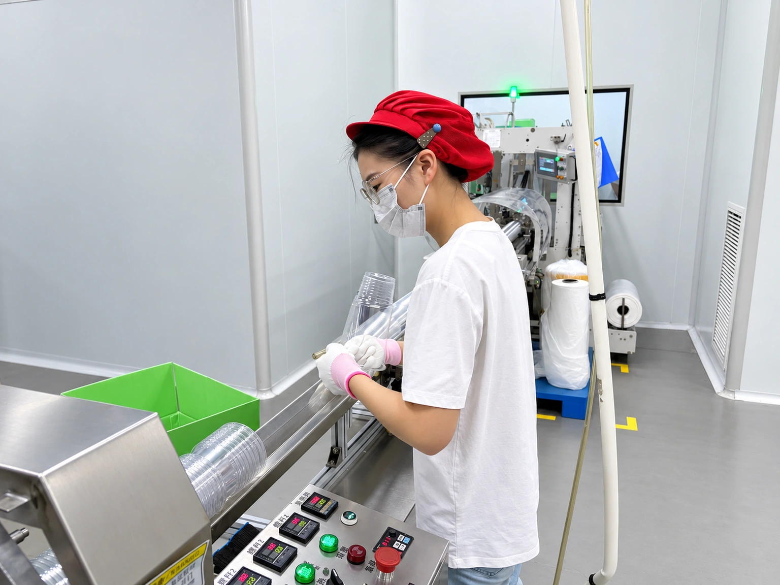 A worker handling stacked clear cups