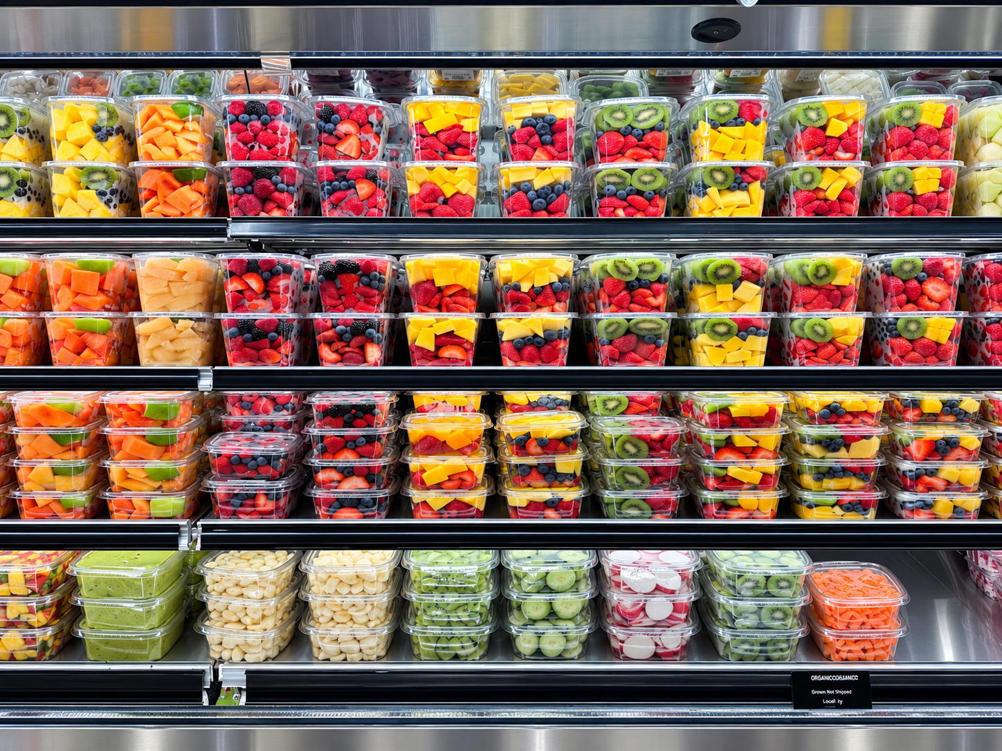 Cut fruit in clear packs on a chilled display shelf