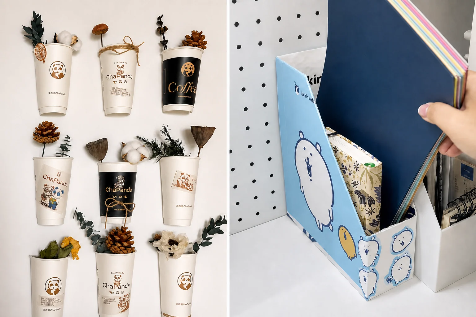 Beverage cups and a printed carton retain their original structure while serving as household organizers.